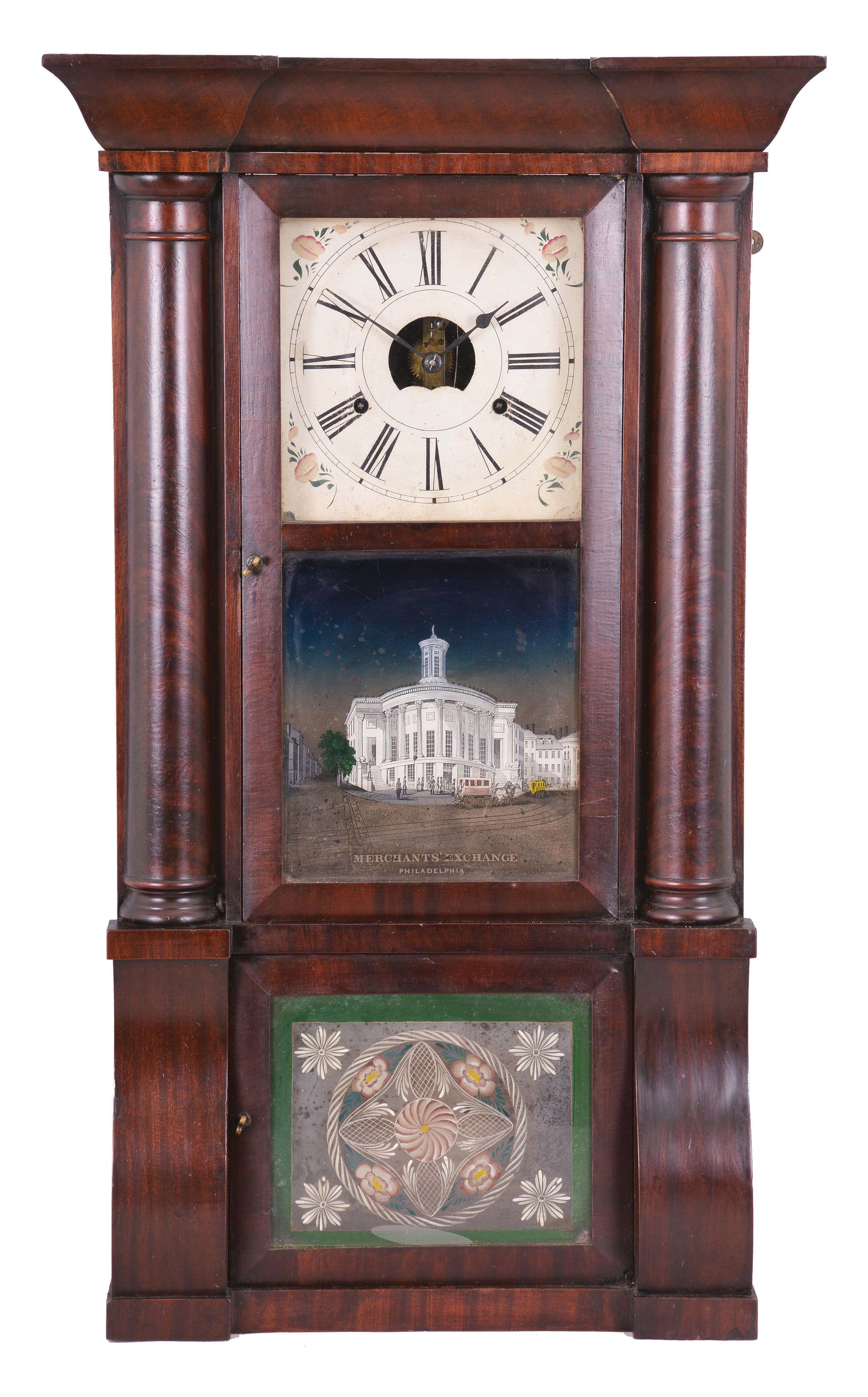 Birge, Peck &amp; Co., Bristol, Conn., Cornice and Column shelf clock with a weight driven, 8 day, time and strike brass strap movement in a mahogany case. — Antique Clocks Price Guide