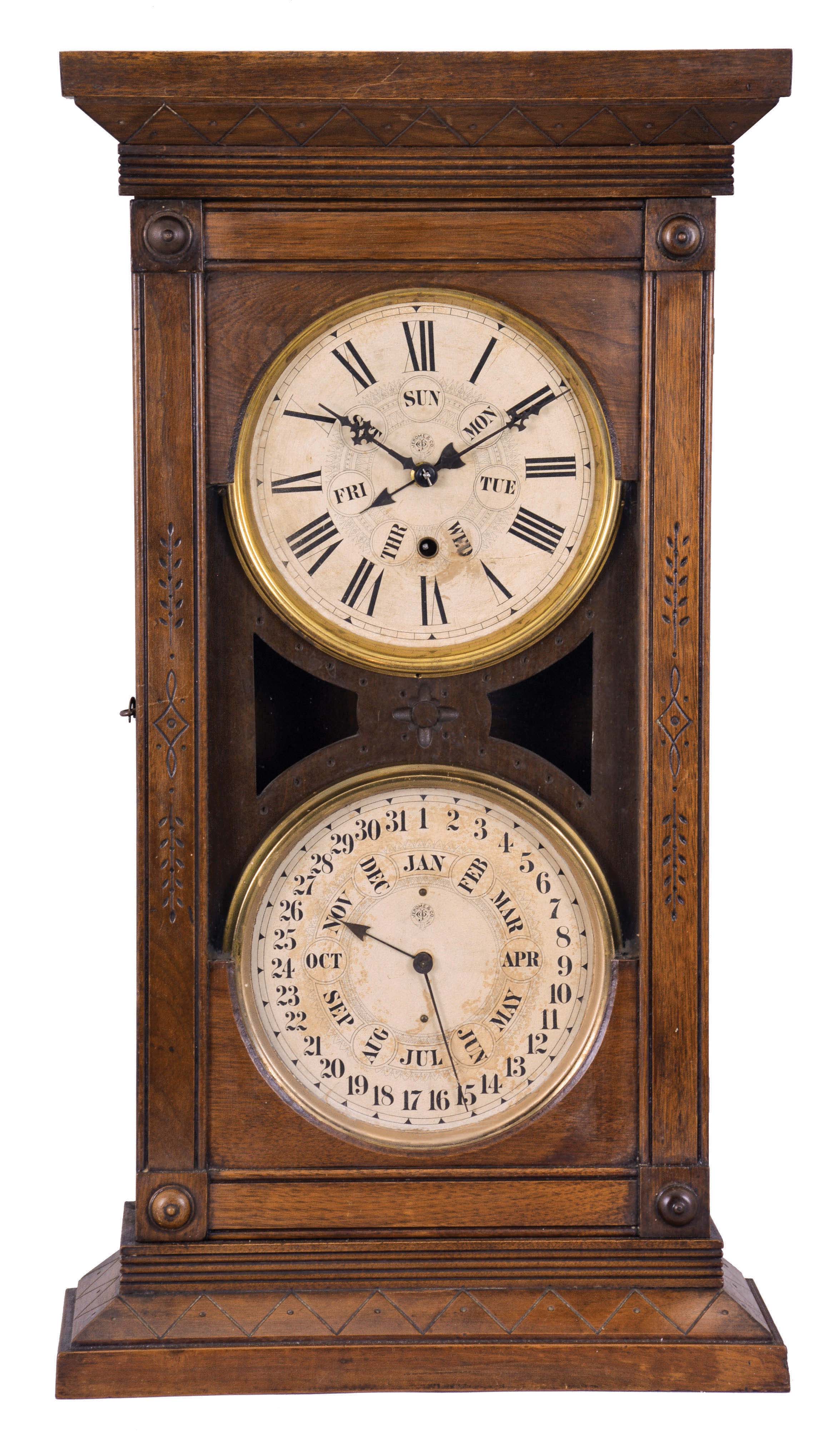 Jerome &amp; Co. (New Haven Clock Co.), New Haven, Conn., "Register" mantel clock, 8 day, time and strike, spring driven movement with a B. B. Lewis perpetual calendar mechanism in a walnut case. — Antique Clocks Price Guide