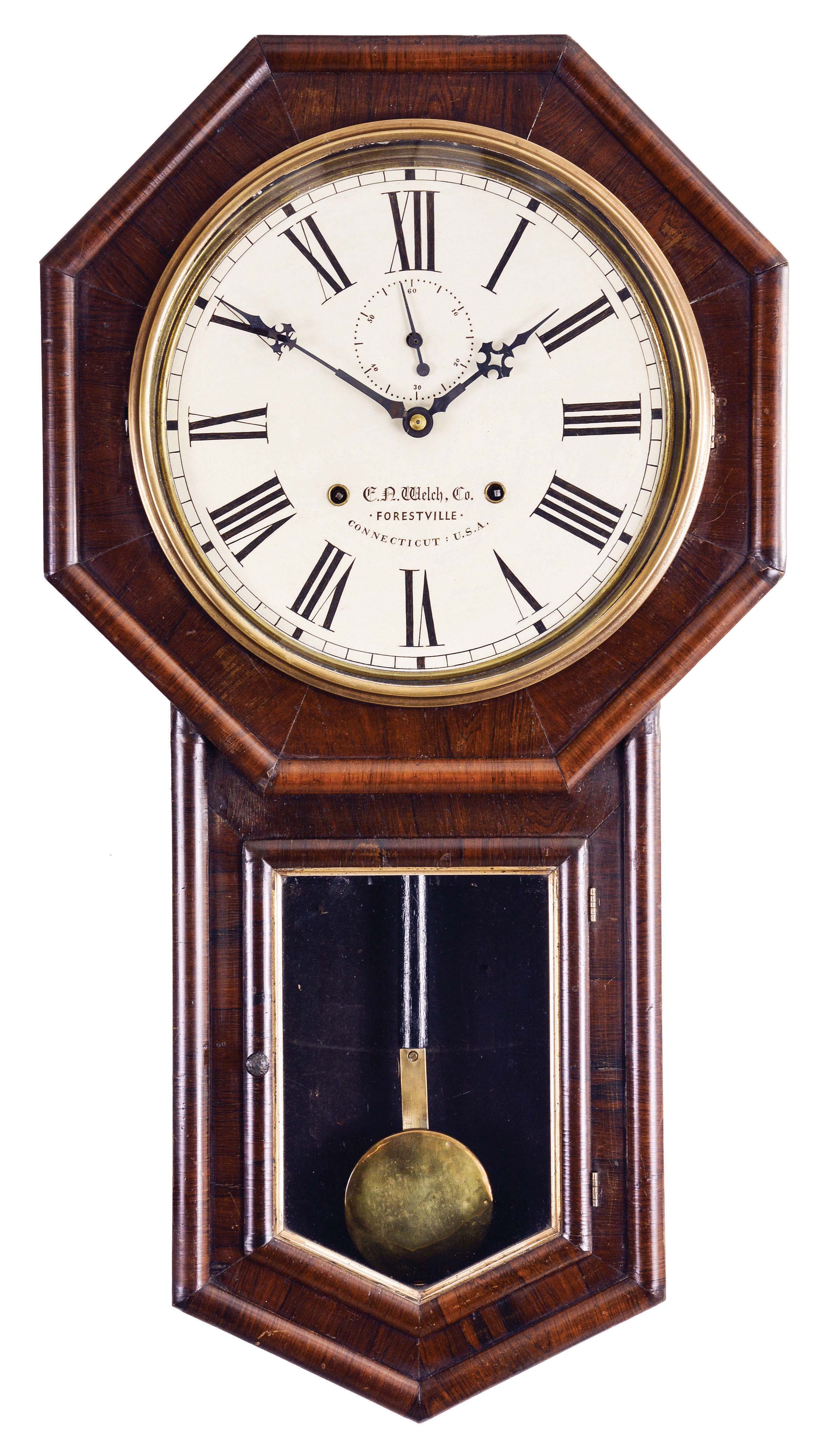 Welch, Spring &amp; Co., Forestville, Conn., "Verdi" hanging clock with a spring driven, 8 day, time and strike movement in a rosewood veneered case.. — Antique Clocks Price Guide