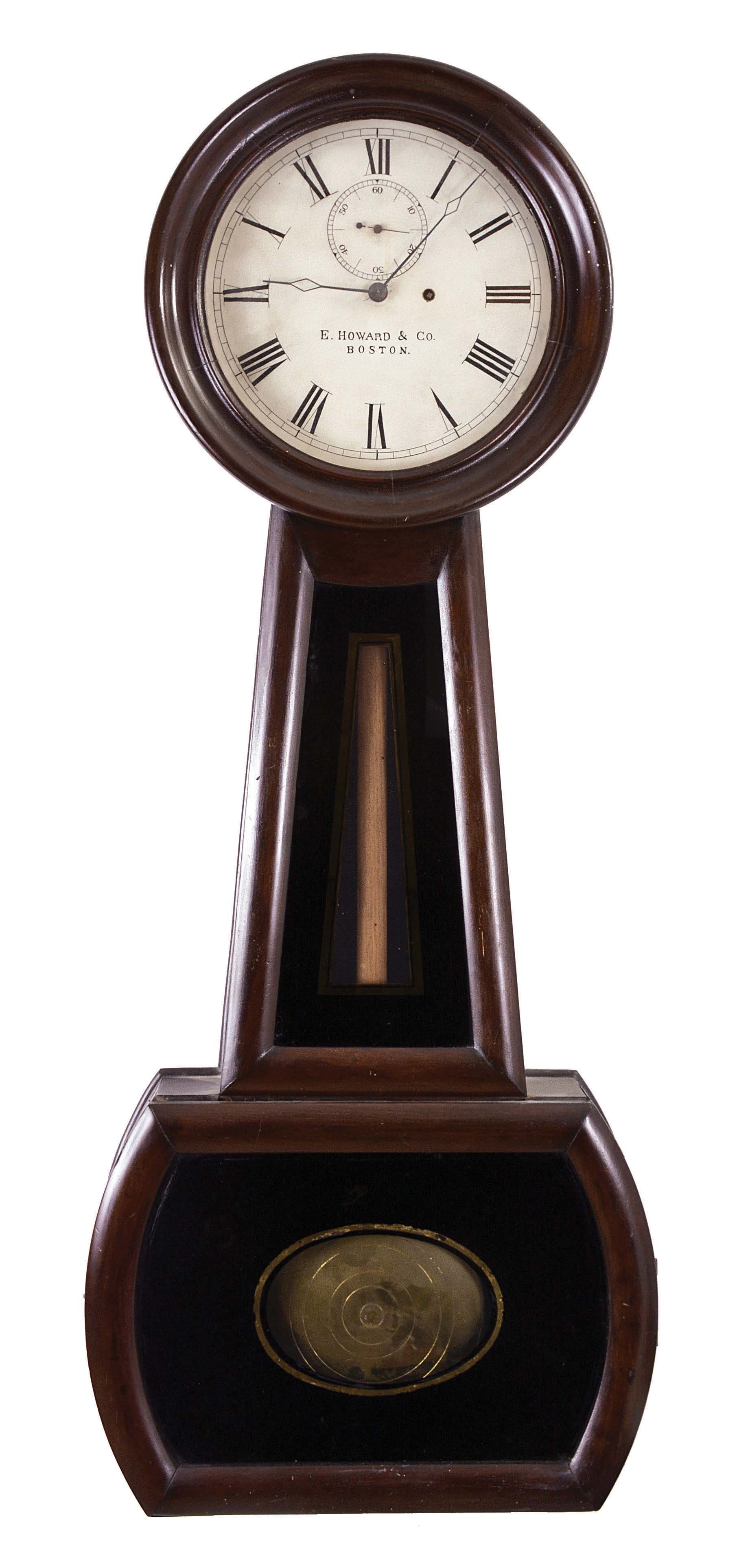 E. Howard &amp; Co., Boston, Mass., "No. 1 Regulator", wall clock, 8 day, time only weight driven movement in a cherry case with a painted metal dial, reverse painted throat and lower tablets — Antique Clocks Price Guide