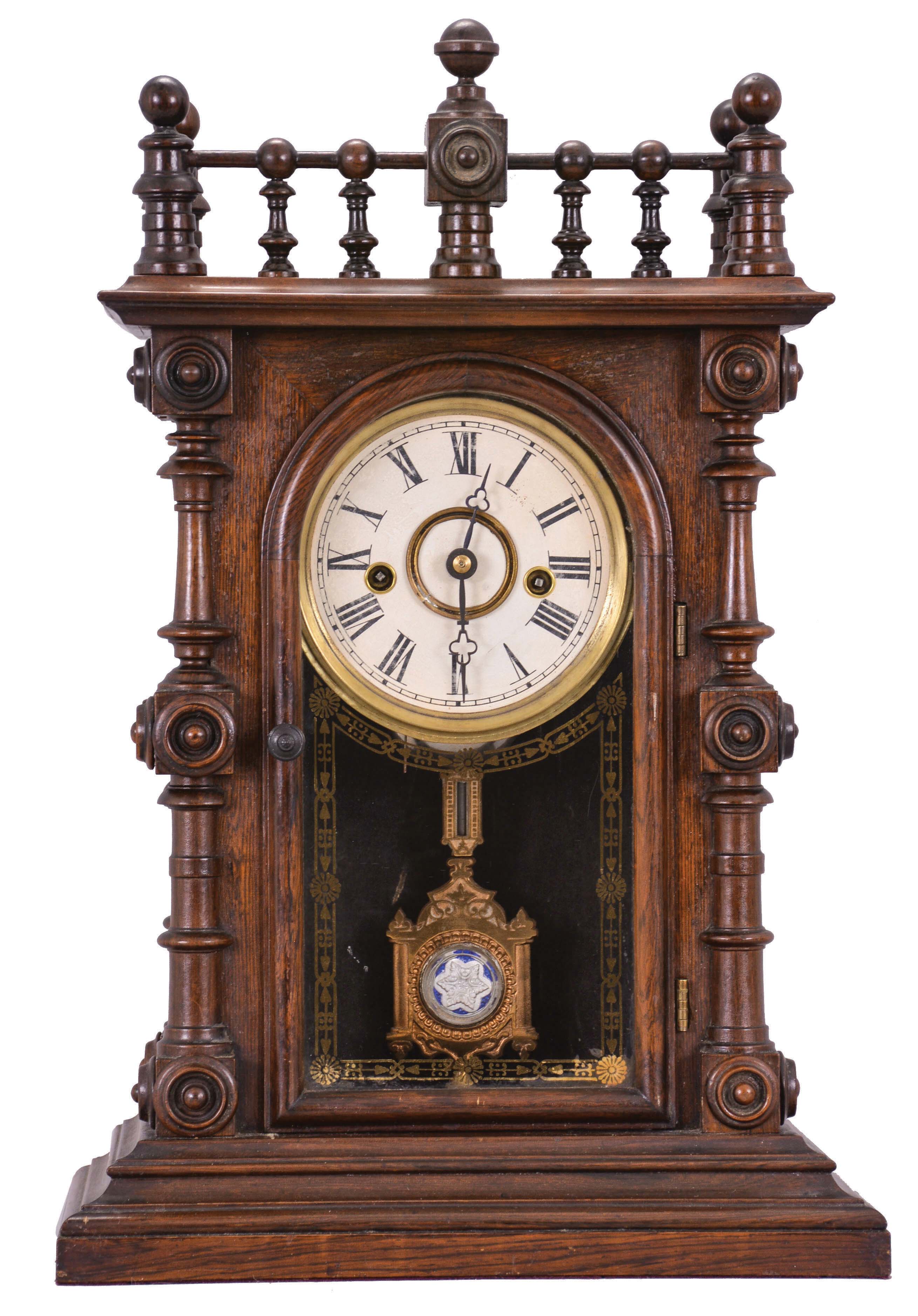 Welch, Spring &amp; Co, Forestville, Conn., "Gerster V.P.", 8 day, time and strike, spring brass movement mantel clock. — Antique Clocks Price Guide