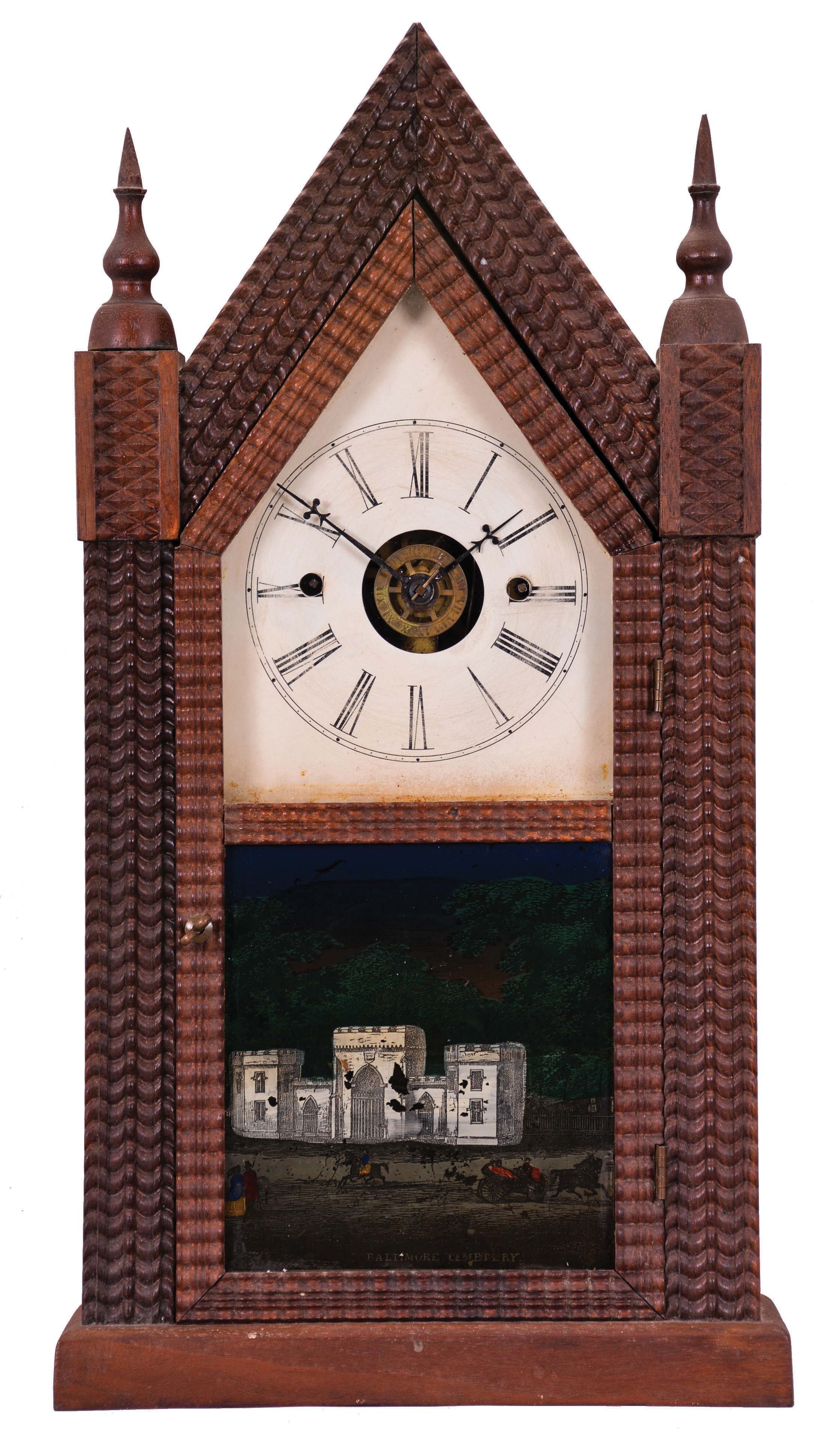 Forestville Mfg. Co., (J. B. Brown), Forestville, Conn., 8-day time, strike &amp; alarm spring brass fusee movement sharp gothic or steeple clock with rippled molding. — Antique Clocks Price Guide
