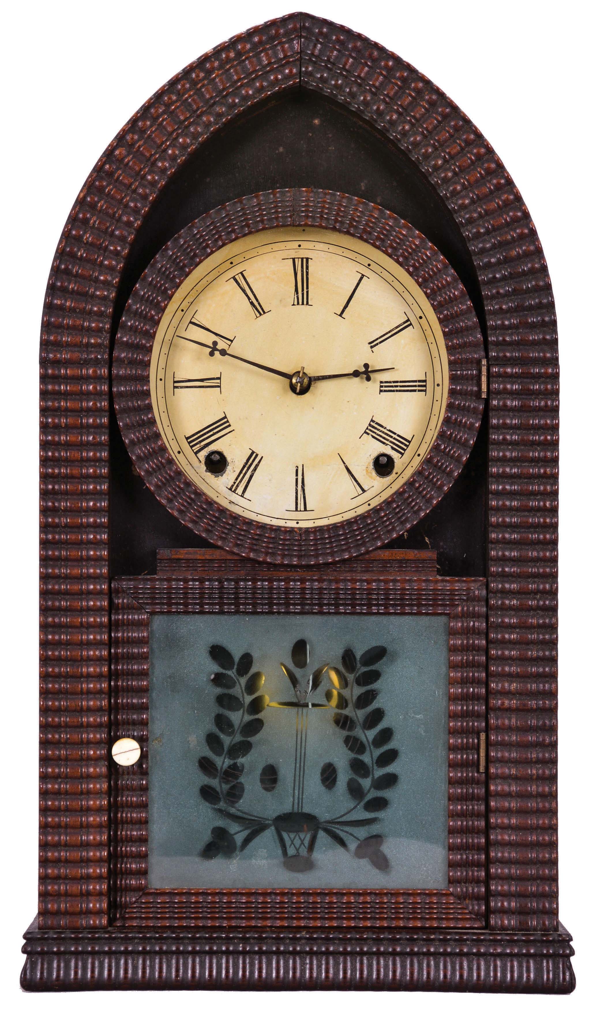 E. N. Welch, Late J. C. Brown, Forestville, Conn., 8 day, time and strike, spring brass movement round gothic or beehive shelf clock with rippled molding. — Antique Clocks Price Guide