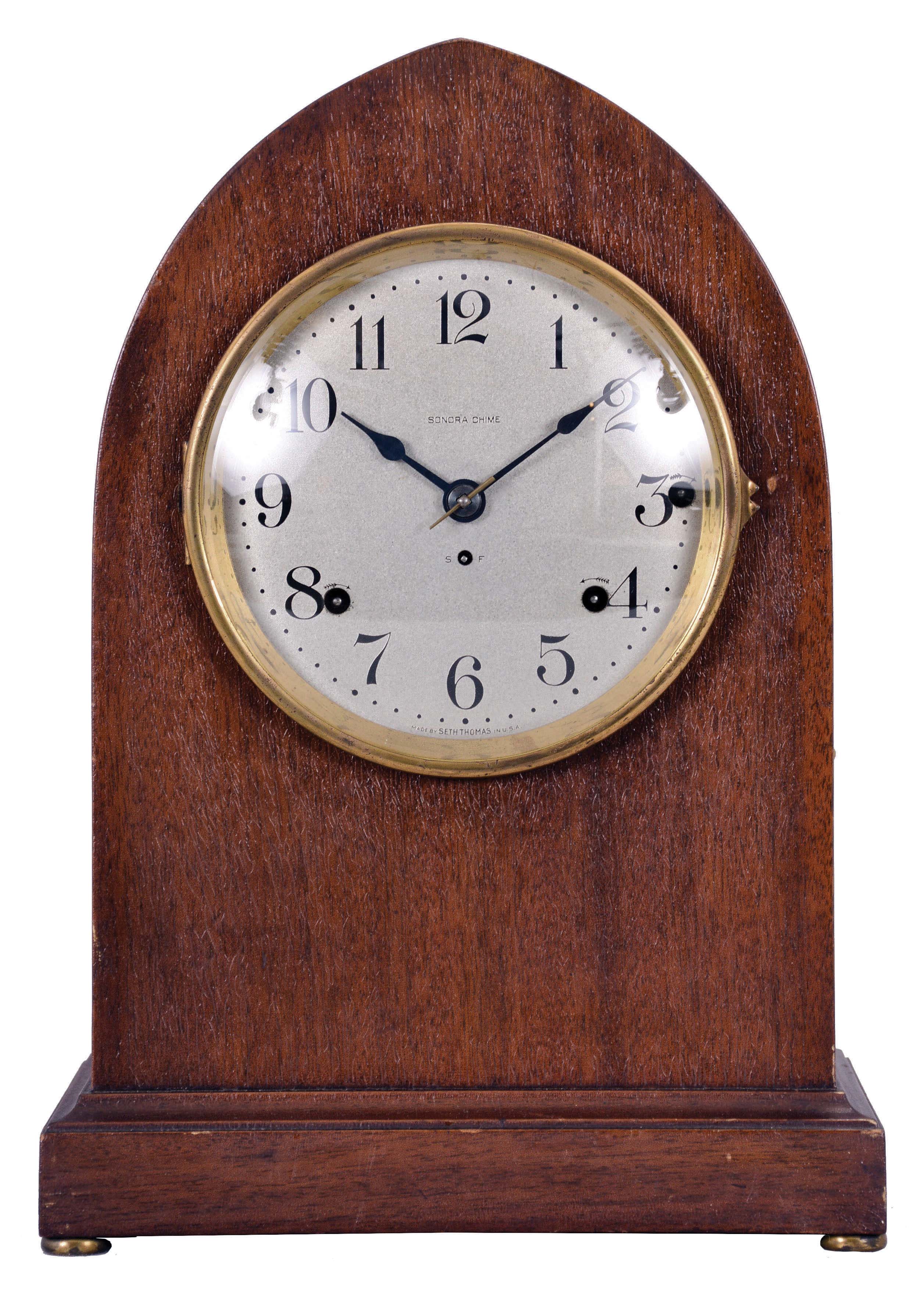 Seth Thomas Clock Co., Thomaston, Conn., "Chime Clock No. 14", 8 day, time and strike, spring brass movement 5-bell Sonora chime mantel clock. — Antique Clocks Price Guide