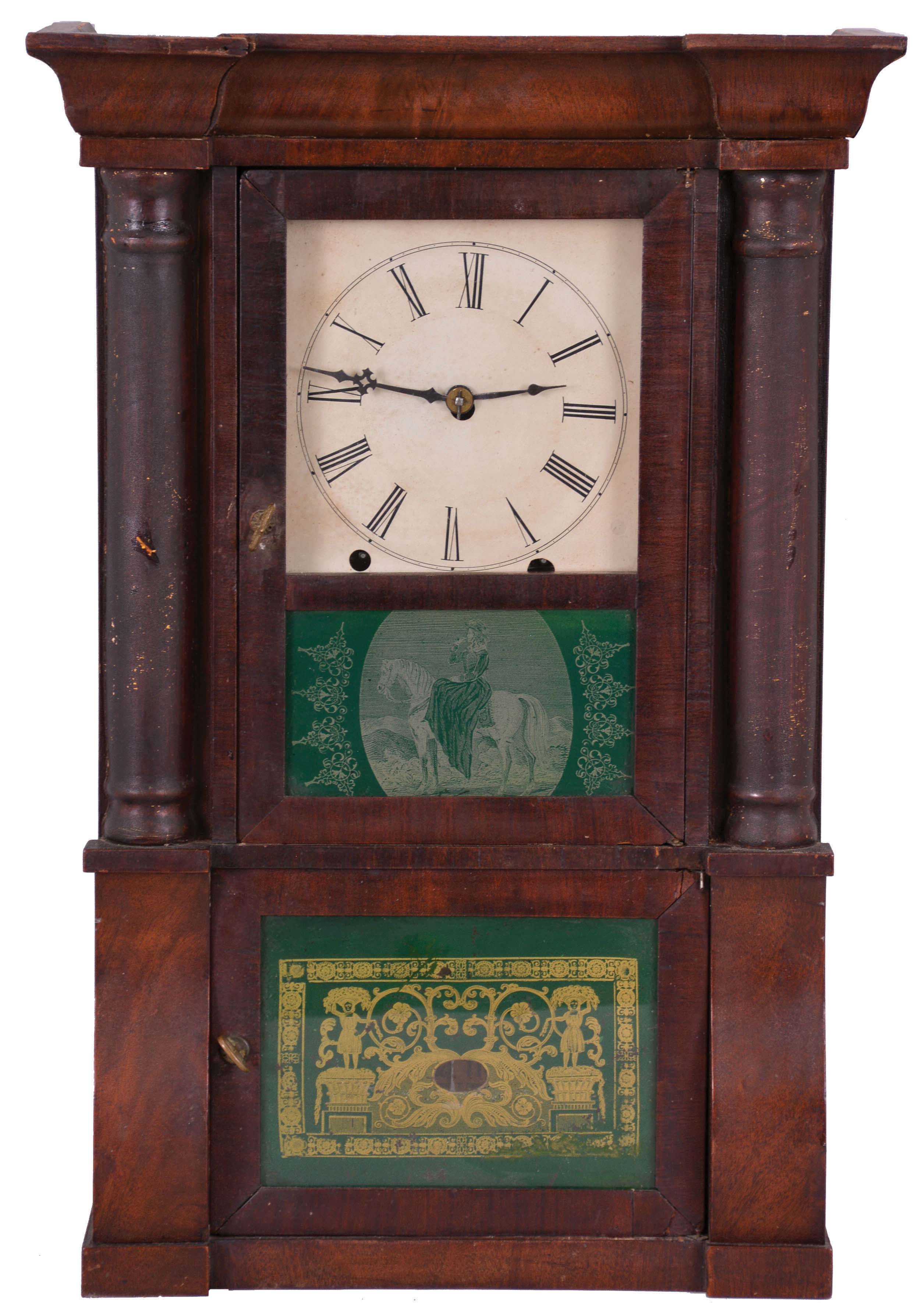 M. W. Atkins, Bristol, Conn., miniature Cornice and Column shelf clock with a spring driven, 8 day, time and strike movement in a mahogany veneered case. — Antique Clocks Price Guide