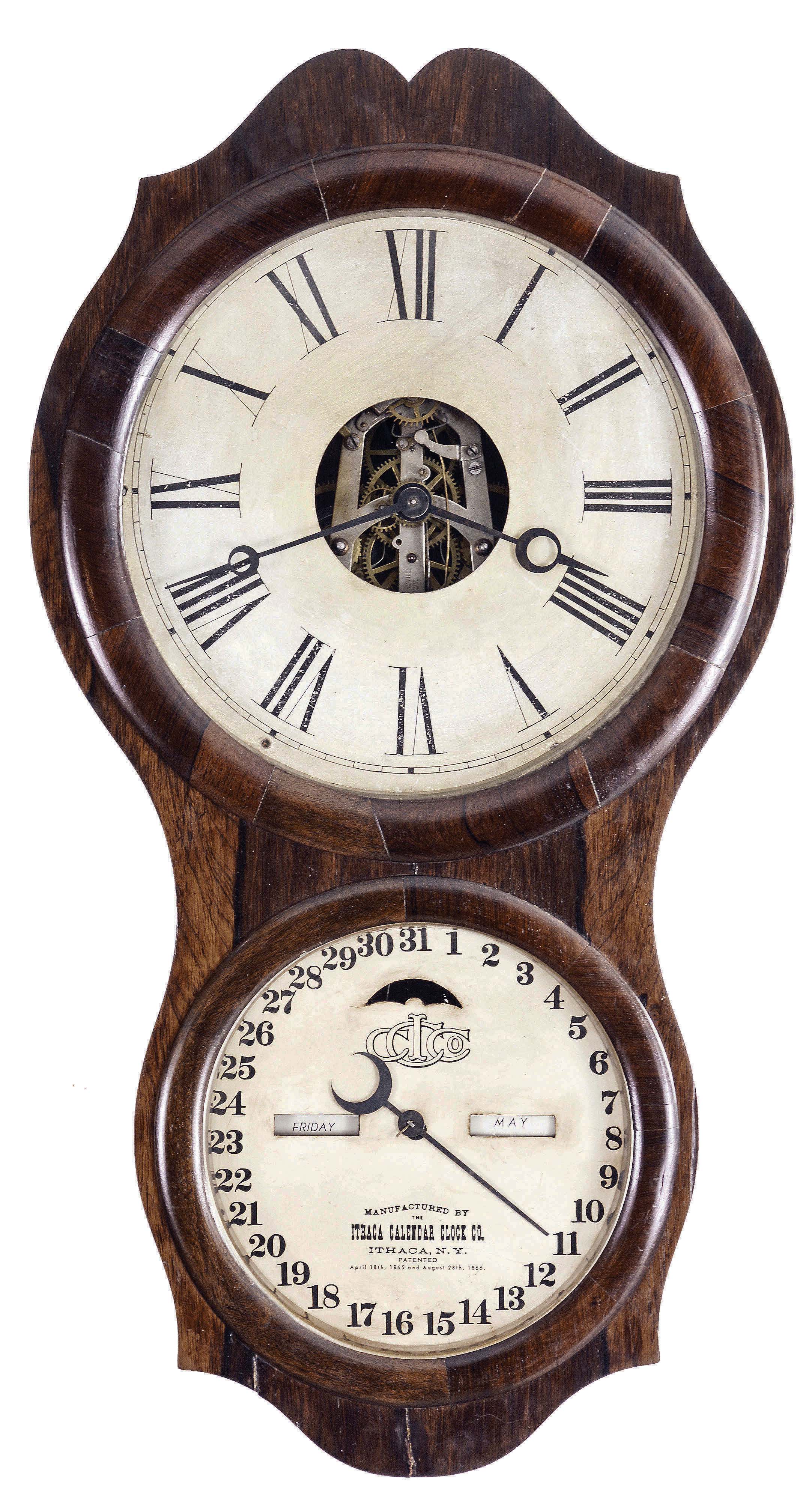 Ithaca Calendar Clock Co., Ithaca, New York, "No. 4 Hanging Office" wall clock with an E. N. Welch, spring driven, 30 day timepiece movement and a Horton's patented perpetual calendar mechanism in a rosewood veneered case. — Antique Clocks Price Guide