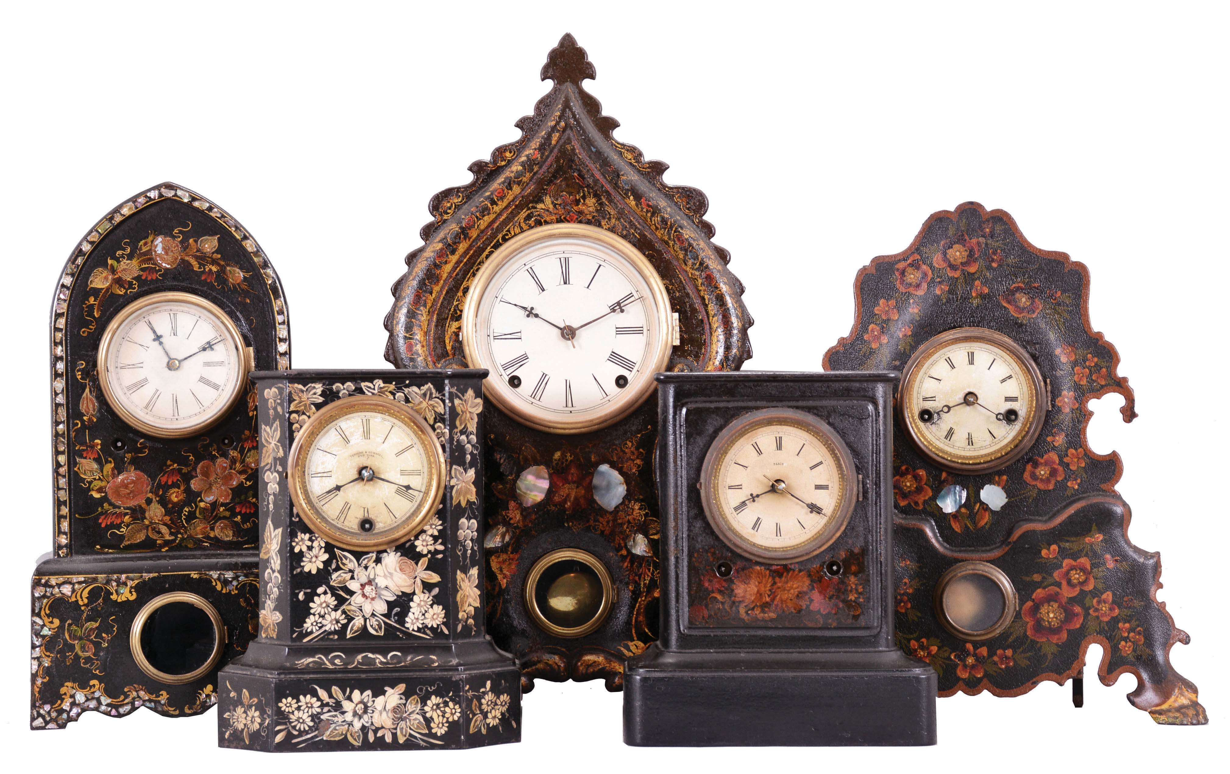Clocks- 5 (Five): (1) Terhune &amp; Edwards, New York, 8 day, spring brass movement case iron case shelf timepiece, c1865 (2) Unknown, 8 day, time and strike, spring brass movement cast iron case shelf clock, c1865 (3) Unknown, probably the American Clock Co., New York, 8 day, time and strike, spring brass movement cast iron case with MOP inlay shelf clock, c1865 (4) Unknown, probably the American Clock Co., New York, 8 day, time and strike, spring brass movement cast iron front with MOP shelf clock, c1850 (5) American Clock Co., New York, 30 hour, time and strike, spring brass movement cast iron front with MOP shelf clock, c1850 — Antique Clocks Price Guide