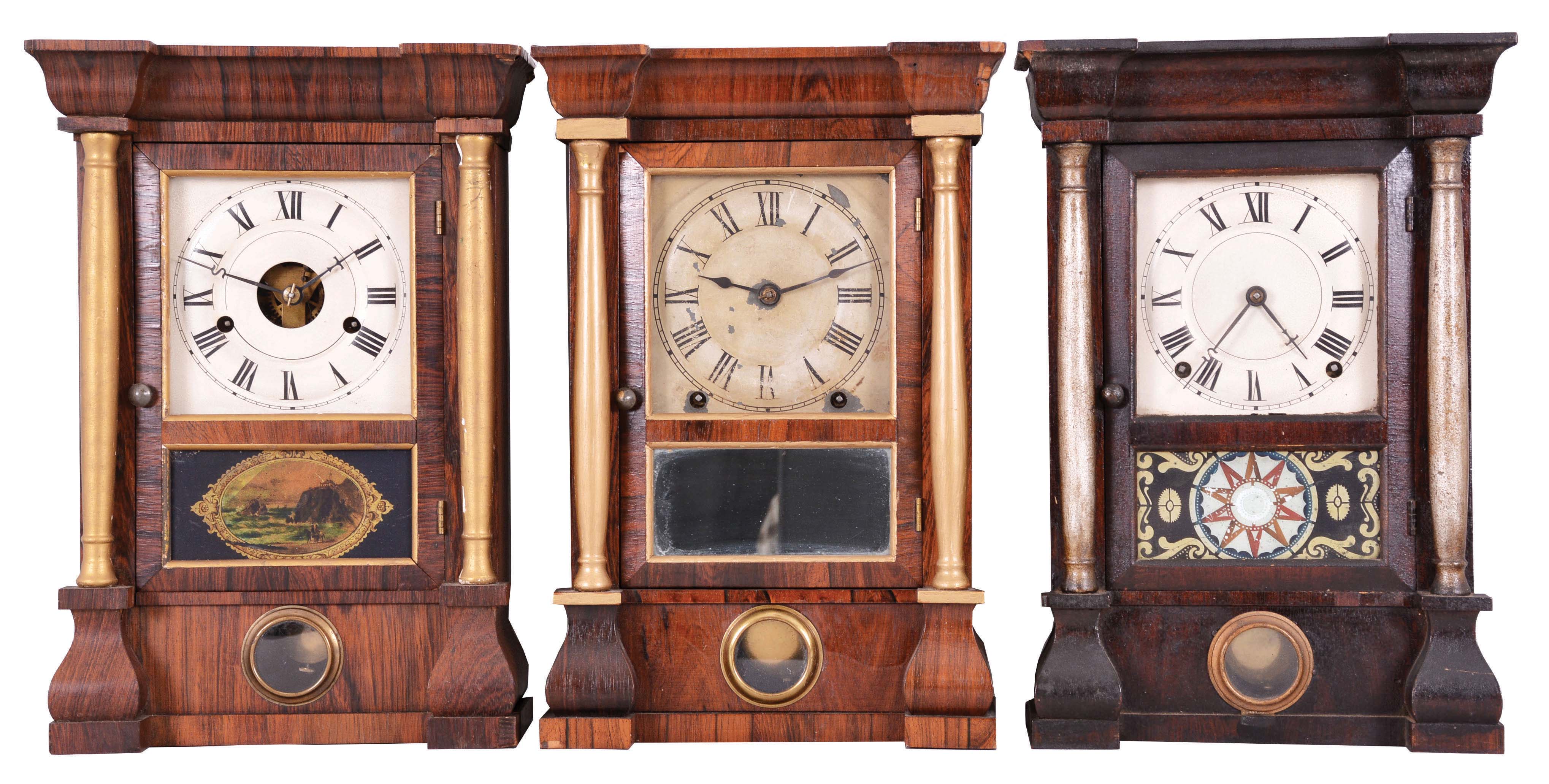 Clocks- 3 (Three): (1) Seth Thomas, Thomaston, Conn., 30 hour, time and strike, spring brass movement small column &amp; cornice shelf clock, c1870 (2) Seth Thomas Clock Co., Plymouth Hollow, Conn., 8 day, time and strike, spring brass movement small column &amp; cornice shelf clock c1862 (3) Seth Thomas, Thomaston, Conn., 8 day, time and strike, spring brass movement small column &amp; cornice shelf clock c1870 — Antique Clocks Price Guide