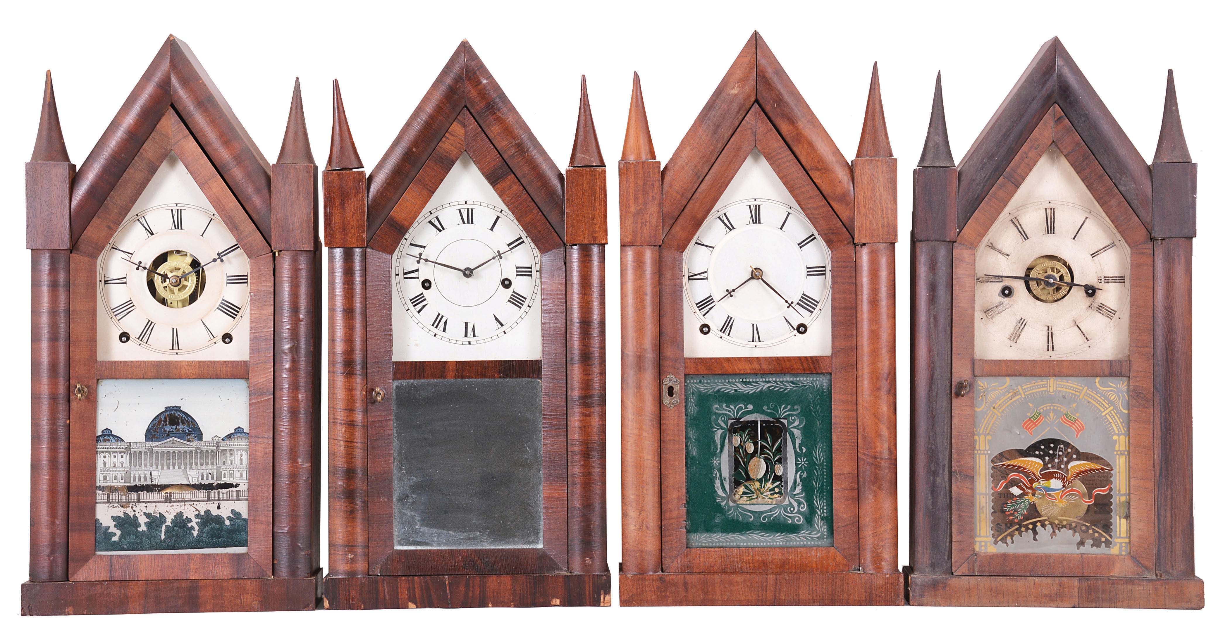 Clocks- 4 (Four): (1) Ansonia Clock Co., Ansonia, Conn., 8 day, time, strike and alarm spring brass movement sharp gothic or steeple clock, c1852 (2) Chauncey Jerome, New Haven, Conn., 30 hour, time and strike, spring brass movement sharp gothic or steeple clock, c1850 (3) Terry &amp; Andrews, Bristol, Conn., 8 day, time and strike, spring brass movement sharp gothic or steeple clock, c1845 (4) Elisha Manross, Bristol, Conn., 30 hour, time and strike, spring brass movement sharp gothic or steeple clock, c1845. — Antique Clocks Price Guide
