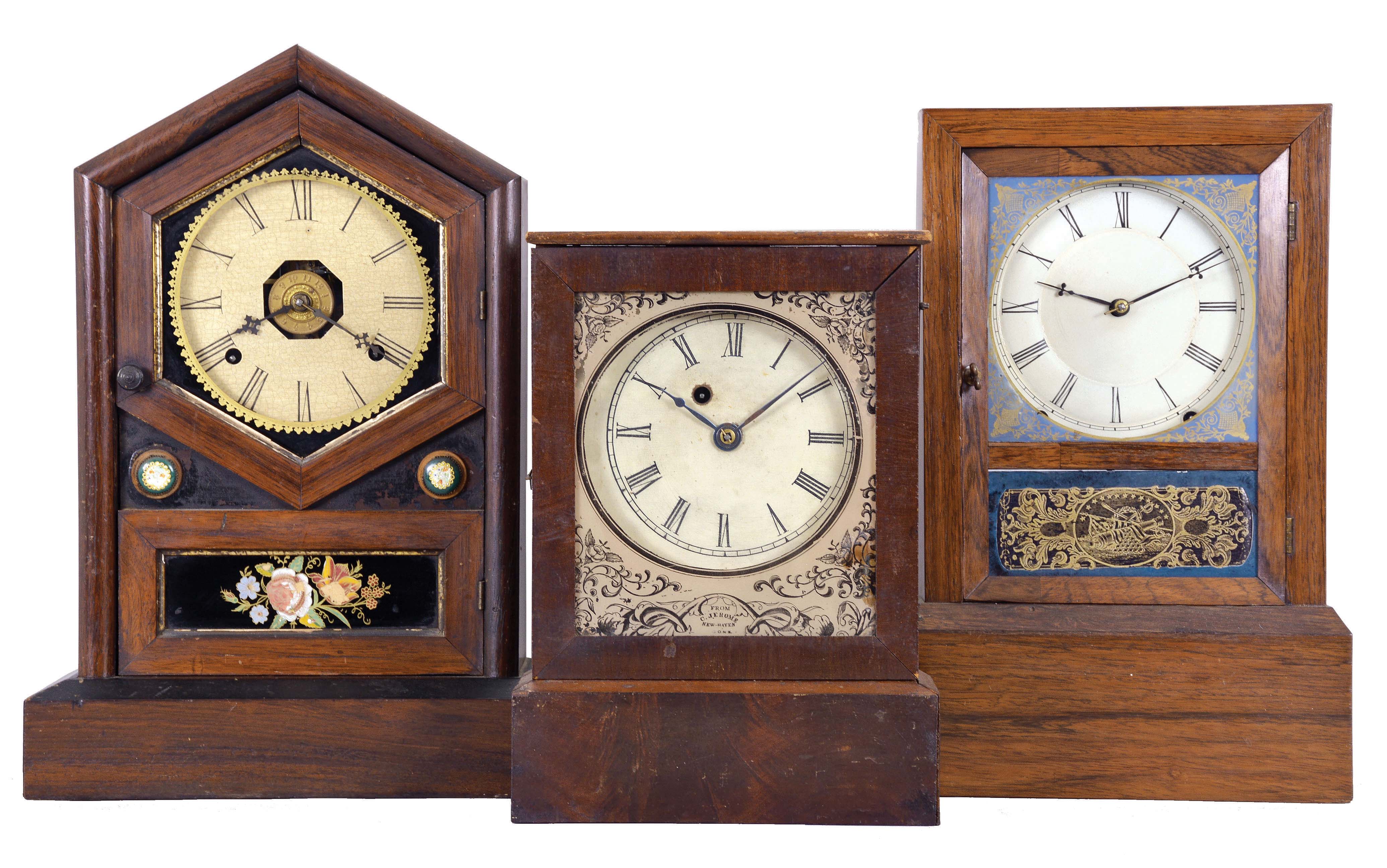 Clocks- 3 (Three): (1) Jeromes &amp; Co., (New Haven Clock Co.) New Haven, Conn., 8 day, time, strike and alarm spring brass movement shelf clock, c1875 (2) Chauncey Jerome, New Haven, Conn., 30 hour, spring brass movement cottage timepiece, c1850 (3) Unknown, 8 day, time and strike, spring brass movement cottage clock, c1855 — Antique Clocks Price Guide