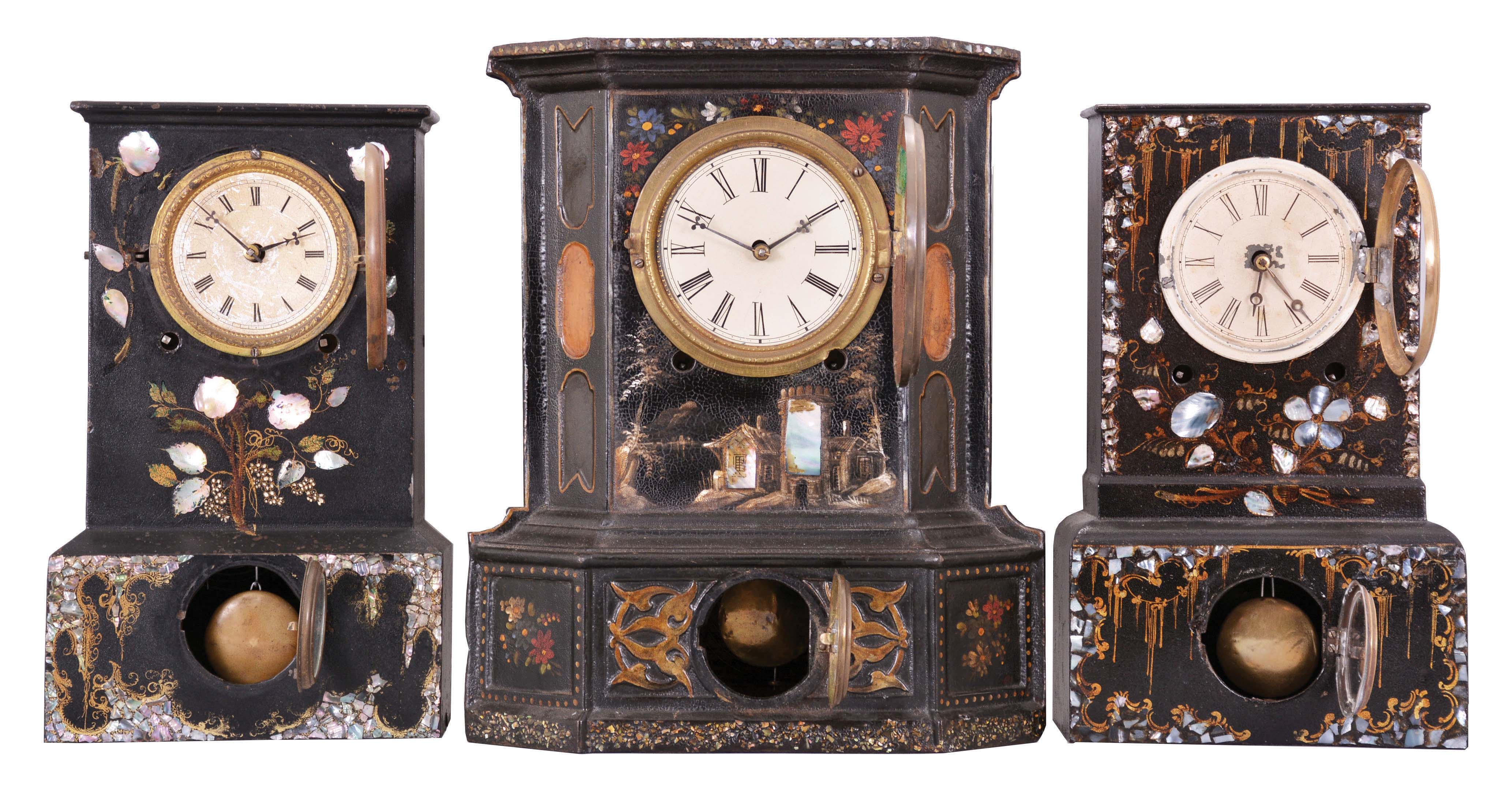 Clocks- 3 (Three): (1) American Clock Co., New York, 8 day, time and strike, spring brass movement cast iron with MOP inlay mantel clock, c1860 (2) Terry &amp; Andrews, Bristol, Conn., 8 day, time and strike, spring brass movement cast iron case with MOP inlay mantel clock, c1850 (3) Unknown, possibly American Clock Co., New York, 8 day, time and strike, spring brass movement Iron case with MOP inlay mantel clock, c1855 — Antique Clocks Price Guide