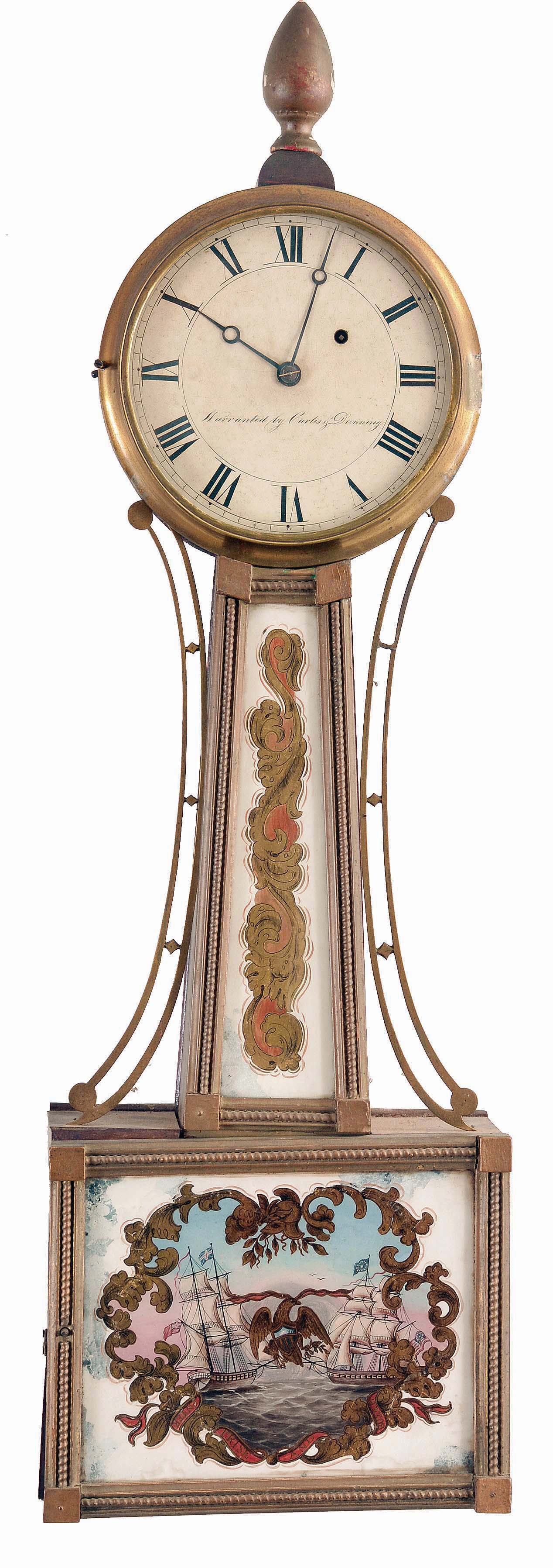 Curtis &amp; Dunning, Burlington, Vermont, 8 day, weight driven patent timepiece, gilt front with gilt, rope molded frames, cast brass bezel, cast brass side arms, and turned, gilt finial, the throat glass with gilt, scrolling foliate ornament, the box glass depicting the pursuit and capture of the HMS Boxer by the USS Enterprise, signed, white painted roman numeral sheet iron dial with moon hands, and brass clad pendulum. — Antique Clocks Price Guide