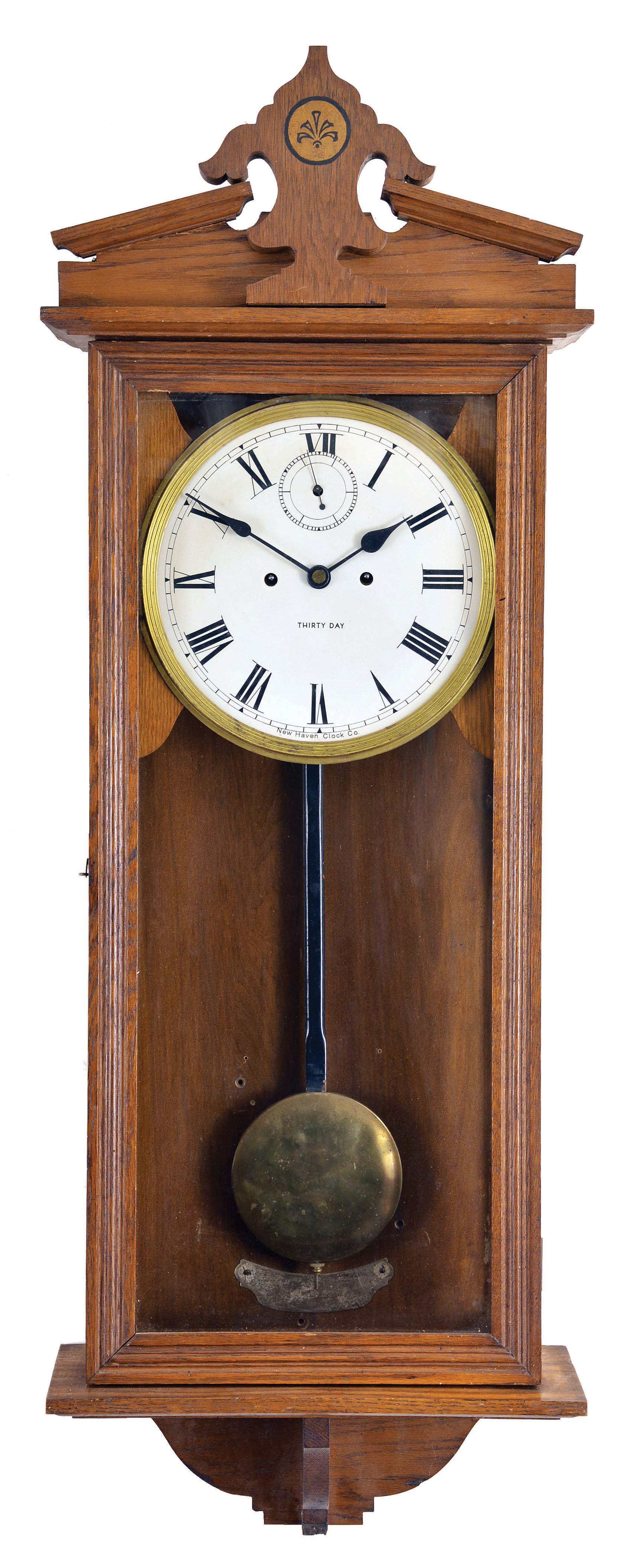 Clocks- 2 (Two): (1) New Haven Clock Co., New Haven, Conn., "Vamoose", 8 day, time and strike, spring brass movement wall clock. (2) New Haven Clock Co., New Haven, Conn., "Vamoose", 30 day, spring brass movement wall timepiece. — Antique Clocks Price Guide