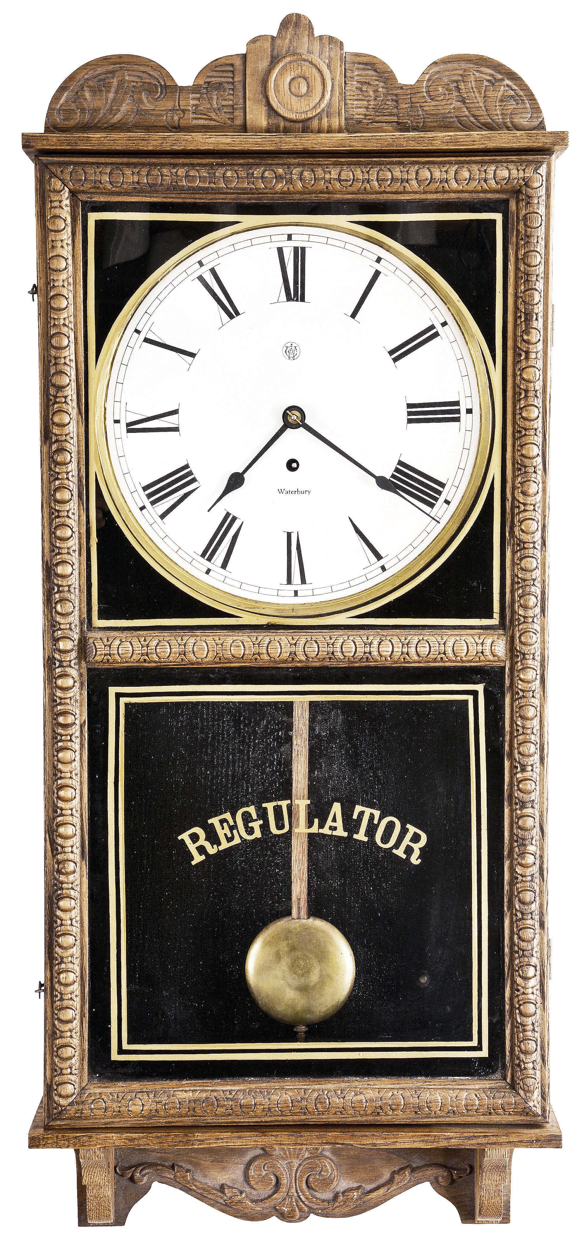 Clocks- 4 (Four): (1) New Haven Clock Co., New Haven, Conn., "12 Inch Balcony" hanging clock with a spring driven, 8 day, timepiece movement in an oak case, c1929. (2) Sessions Clock Co., Forestville, Conn., "Seattle" hanging clock with a spring driven, 8 day, timepiece movement in an oak case, c1935. (3) Waterbury Clock Co., Waterbury, Conn., "Crane" hanging clock with a spring driven, 8 day, timepiece with calendar in an oak case, c1906. (4) Waterbury mail order variant similar to "Crane" hanging clock with a spring 6driven, 8 day, time movement in an oak case, c1910. — Antique Clocks Price Guide