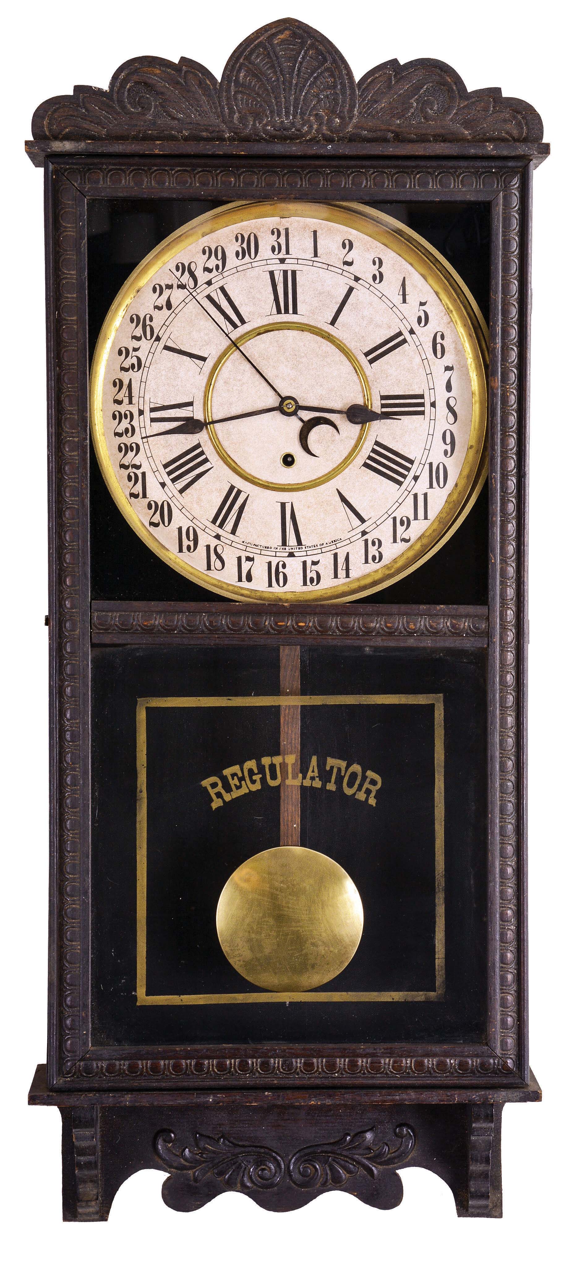 Clocks- 3 (Three): (1) New Haven Clock Co., New Haven, Conn., mail order model similar to the "Referee", 8 day, spring brass calendar wall timepiece, c1911 (2) Sessions Clock Co., Forestville, Conn., "Regulator H", 8 day, spring brass movement calendar wall timepiece, c1908 (3) Sessions Clock Co., Forestville, Conn., "Regulator E", 8 day, spring brass movement wall timepiece, c1908 — Antique Clocks Price Guide