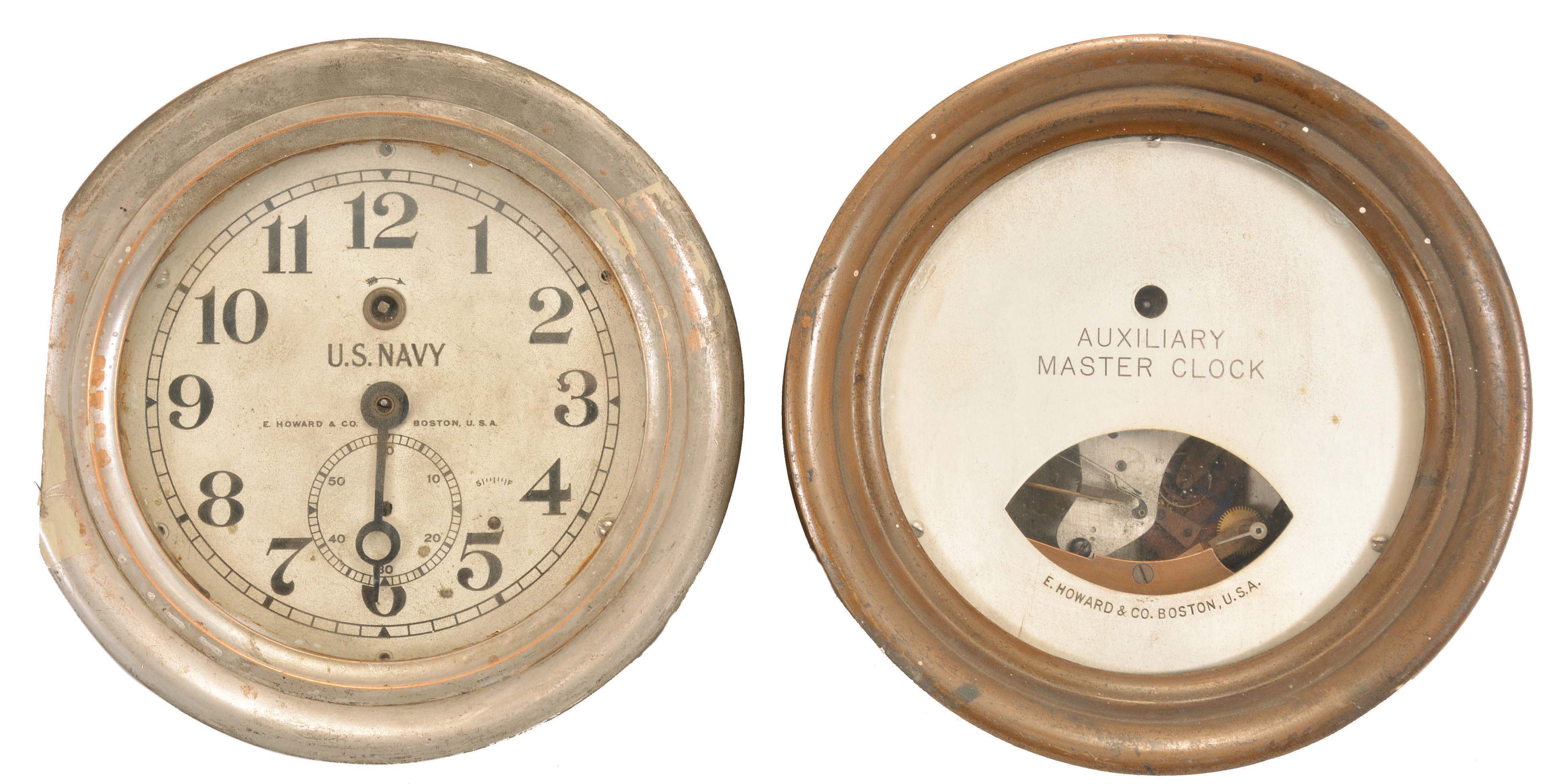 Clocks- 2 (Two) E. Howard Marine Clocks: (1) E. Howard &amp; Co., Boston, Mass., for U.S. Navy, marine lever, 8 day, time only, spring-driven jeweled balance wheel movement in a nickel plated brass case with hinged bezel, 6 inch signed silvered dial reading "U.S. Navy", subsidiary seconds, and blued steel hands, movement serial number 00544. (2) E. Howard &amp; Co., Boston, Mass., "Auxiliary Master Clock", 8 day, time only, spring-driven jeweled balance wheel movement in a brass case with screw-on bezel with electrical terminals, 6 inch signed silvered face with viewing aperture showing cam that closes electrical contact once per minute, movement serial number 00459. — Antique Clocks Price Guide