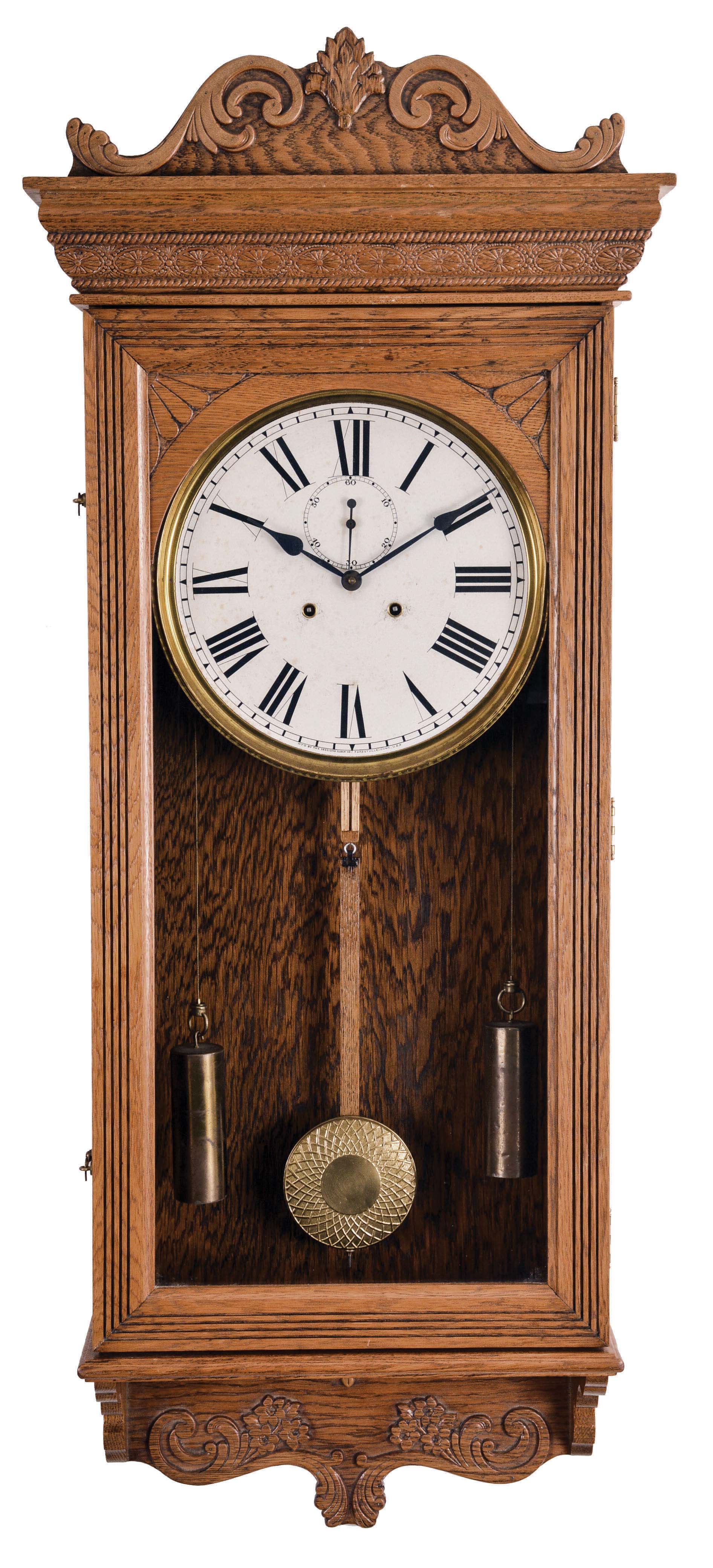Sessions Clock Co., Forestville, Conn., "Regulator No. 5" wall hanging clock with an 8 day weight driven brass timepiece movement in a sold oak case. — Antique Clocks Price Guide