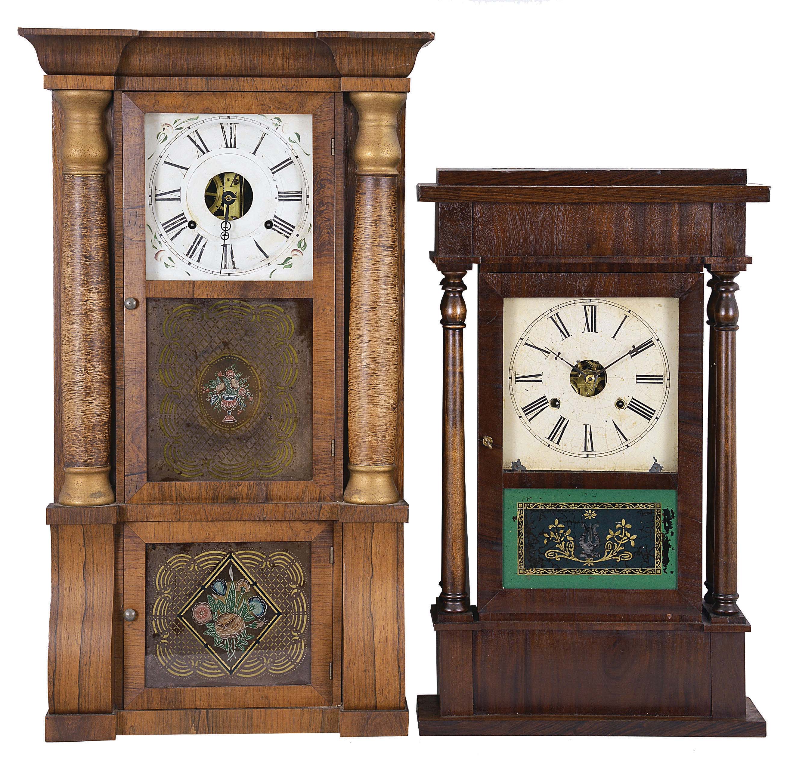 Clocks- 4 (Four): (1) Seth Thomas Clock Co., (for S. J. Southworth, Leeds County, Canada West) "Rose Column" clock with a weight driven, 8 day, time and strike movement in a rosewood veneered case, c1865. (2) Unidentified miniature OOG shelf clock with a spring driven, 30 hour, time and strike movement in a mahogaNew York and birdseye maple case, c1865. (3) Henry Sperry, 18 Maiden Lane, New York, miniature OOG shelf clock with a spring driven, 30 hour, time and strike movement in a mahogaNew York and birdseye maple case, c1855. (4) Sperry &amp; Shaw, 10 Cortlandt St., New York, New York Style 4 column shelf clock with a weight driven, 30 hour, time and strike movement in a mahogaNew York and rosewood veneered case, c1845 — Antique Clocks Price Guide