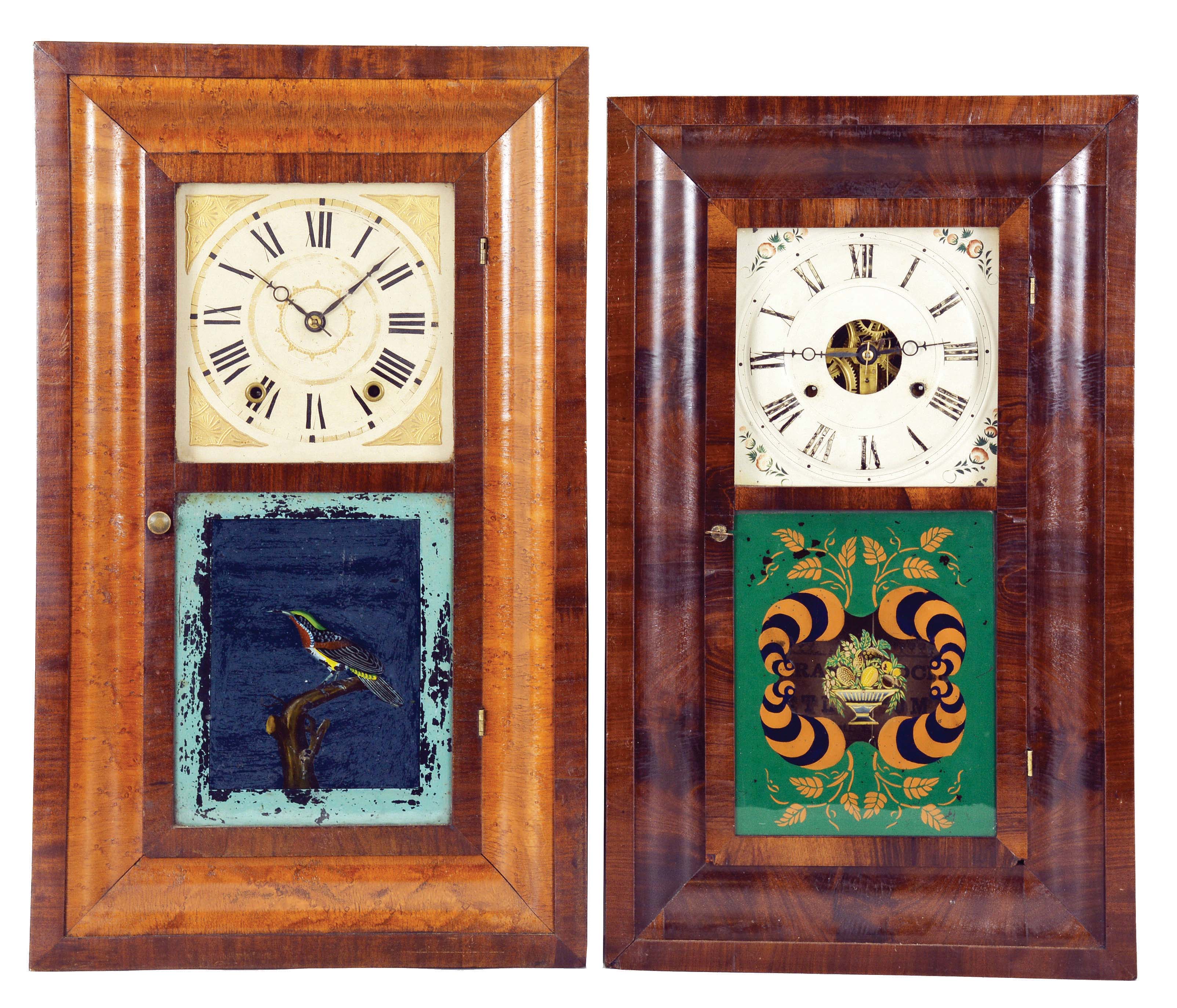Clocks- 5 (Five): (1) Smith &amp; Brothers, New York, 30 hour, time and strike, weight wood movement OG shelf clock, c1841 (2) Atkins &amp; Porter, Bristol, Conn., 30 hour, time and strike, weight brass movement OG shelf clock, c1845 (3) Seth Thomas Clock Co., Plymouth Hollow Hollow, Conn., 30 hour, time and strike, weight brass movement OG shelf clock, c1860 (4) Jerome &amp; Co., New Haven, Conn., 30 hour, time and strike, weight brass movement OG shelf clock, c1858 (5) Sperry &amp; Shaw, New York, 30 hour, time and strike, weight brass movement OG shelf clock, c1845 — Antique Clocks Price Guide