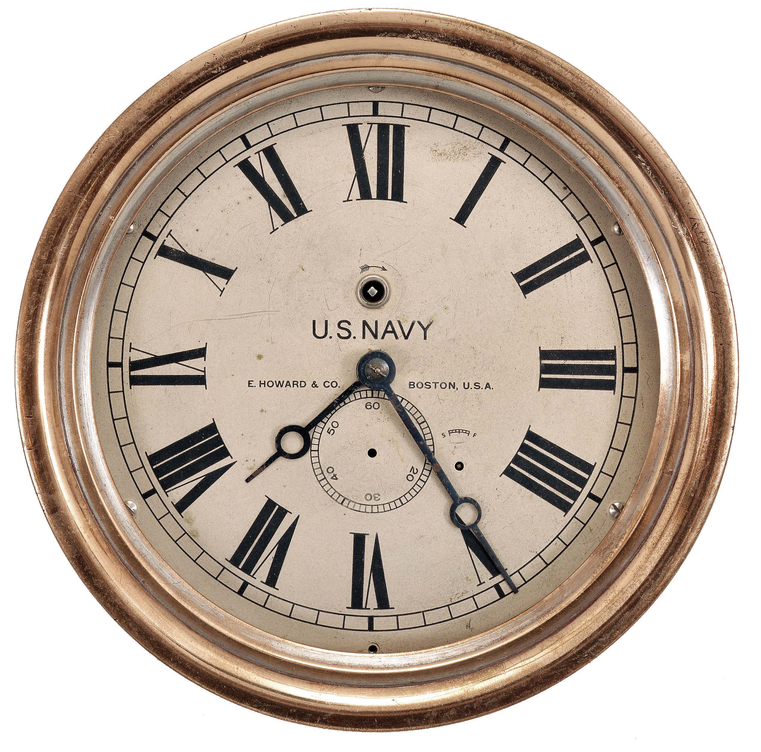 E. Howard &amp; Co., Boston, Mass., marine lever, 8 day, time only, spring-driven 11 jewel lever escapement movement in a heavy brass case, 8 inch silvered dial imprinted with the maker's name and "U.S. Navy", subsidiary seconds below the center arbor with adjacent rating arbor to its right, blued steel hands, movement serial number 0015. — Antique Clocks Price Guide