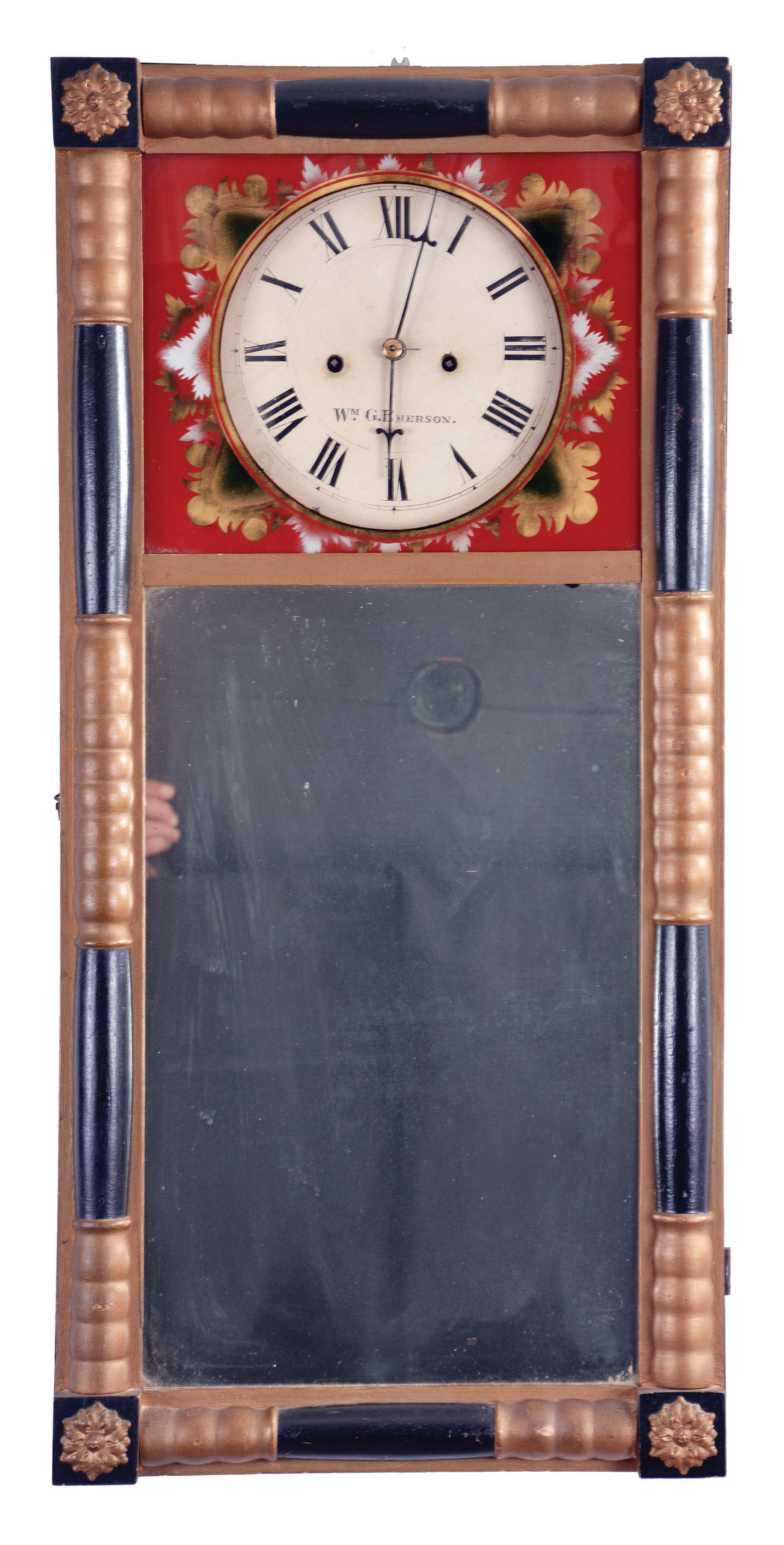 William G. Emerson, Newport, Maine, 8 day, time and strike, weight driven brass movement New Hampshire style mirror clock. — Antique Clocks Price Guide