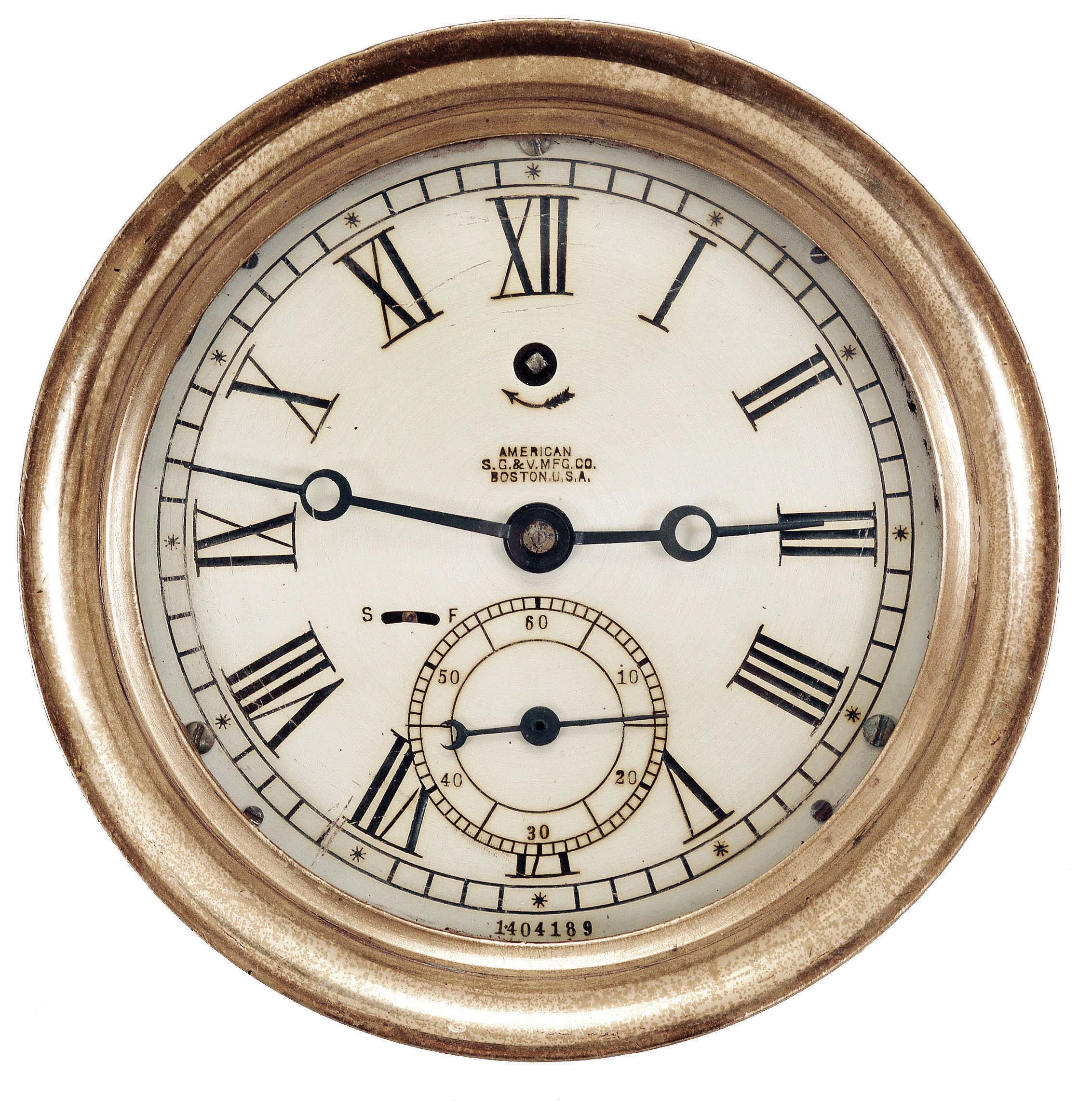 Chelsea Clock Co., Boston, Mass., for American Steam Gauge &amp; Valve Mfg. Co., Boston, engine room timepiece, 8 day, time only, spring-driven jeweled balance wheel movement in a brass case with screw-on bezel, 6 inch silvered dial inscribed with "American S.G. &amp; V. MFG. CO. / BOSTON U.S.A.", large subsidiary seconds below the center arbor, and blued steel hands. — Antique Clocks Price Guide