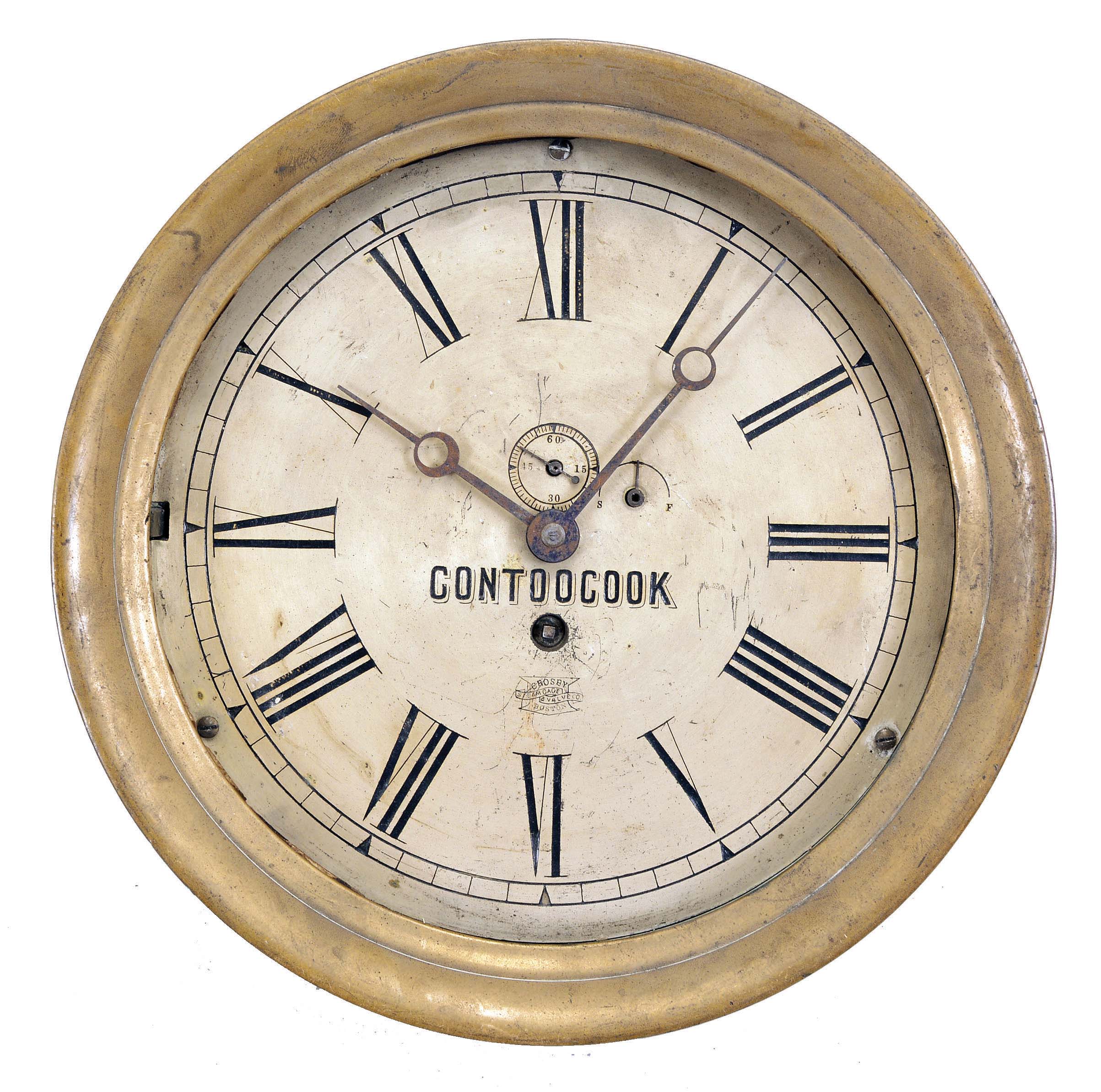 Boston Clock Co., Boston, Mass., for Crosby Steam Gage [sic] &amp; Valve Co., Boston, engine room clock, 8 day, time only, spring-driven balance wheel movement with an 1880 patent date in a brass case with hinged bezel, 8.5 inch silvered dial with Roman numerals, subsidiary seconds, the Crosby trademark, and "CONTOOCOOK" printed in block letters below the center arbor, blued steel hands. — Antique Clocks Price Guide