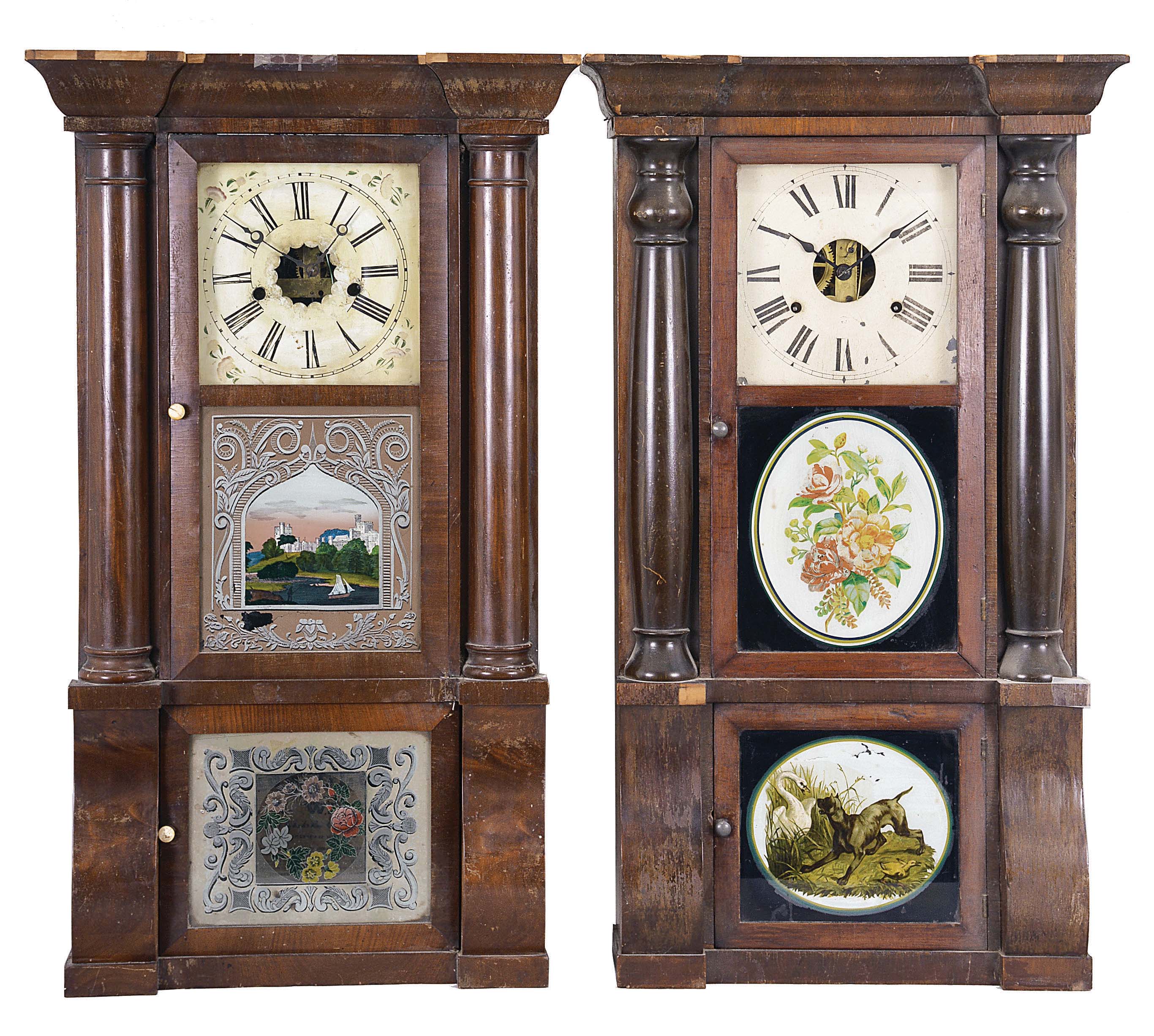 Clocks- 2 (Two): (1) E. N. Welch, Forestville, Conn., "Extra Column" shelf clock with a weight driven, 8 day, time and strike movement in a mahogany veneered case. c1860. (2) Seth Thomas Clock Co., Thomaston, Conn., "Column" shelf clock with a weight driven, 8 day, time and strike lyre movement in a mahogany veneered case, c1880. — Antique Clocks Price Guide