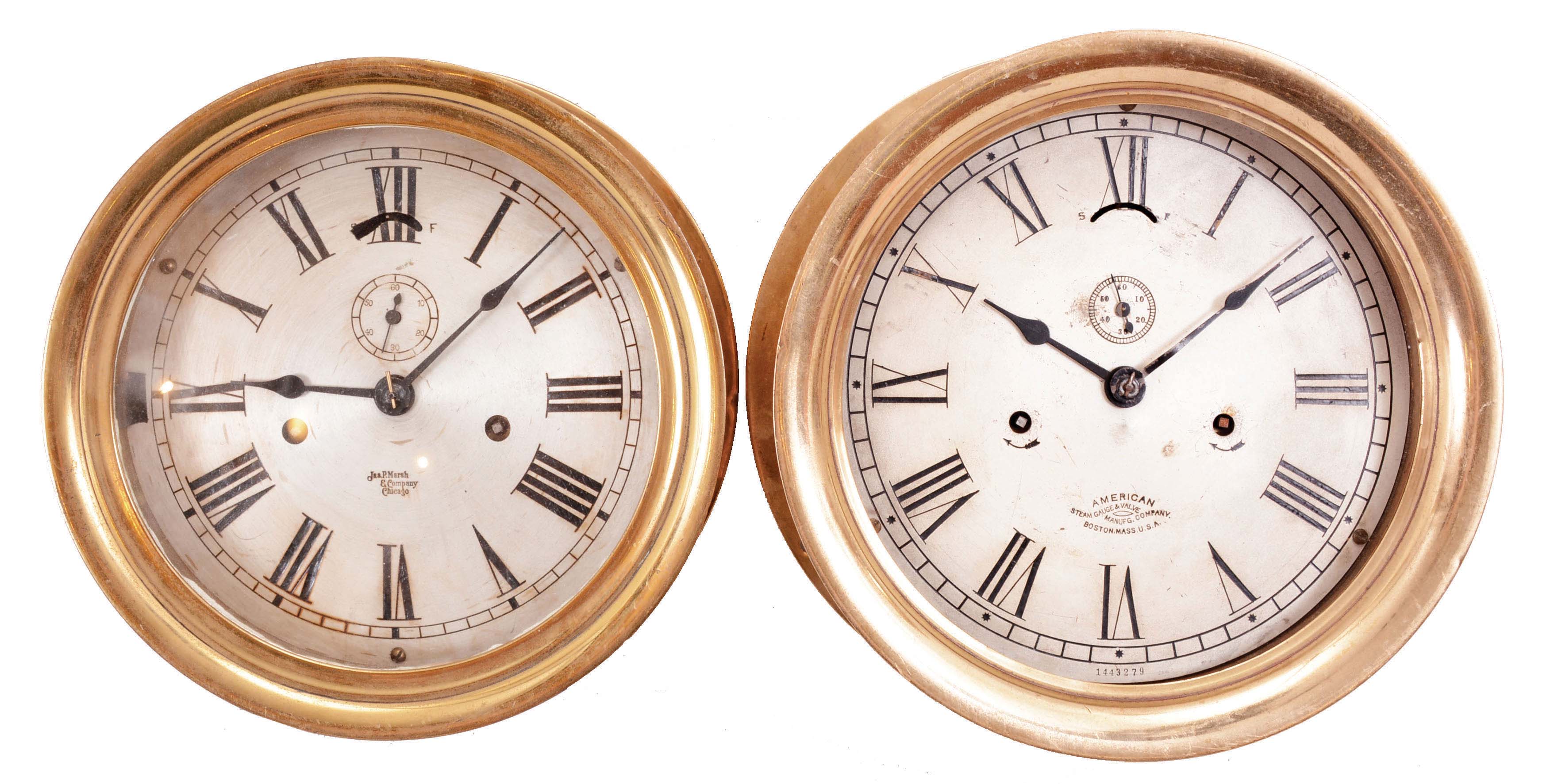 Clocks- 2 (Two) Seth Thomas Engine Room: (1) Seth Thomas Clock Co., Thomaston, Conn., for James P. Marsh Co., Chicago, IL, 8 day, time only, twin-spring balance wheel movement in a brass case with hinged bezel, 8 inch silvered dial with Roman numerals, subsidiary seconds, and steel spade hands. (2) Seth Thomas Clock Co., Thomaston, Conn., for American Steam Gauge &amp; Valve Co., Boston, Mass., 8 day, time only, twin-spring balance wheel movement in a brass case with hinged bezel, 8 inch silvered dial with Roman numerals, subsidiary seconds, and black steel spade hands. — Antique Clocks Price Guide