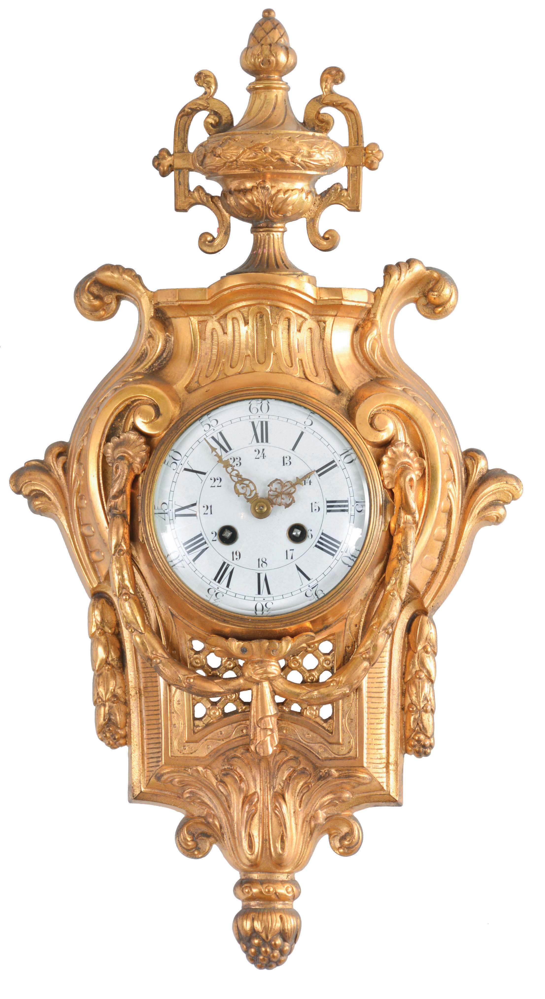 French, Japy Freres hanging cartel clock, 8 day, time and strike, spring driven brass movement in gilt brass case — Antique Clocks Price Guide