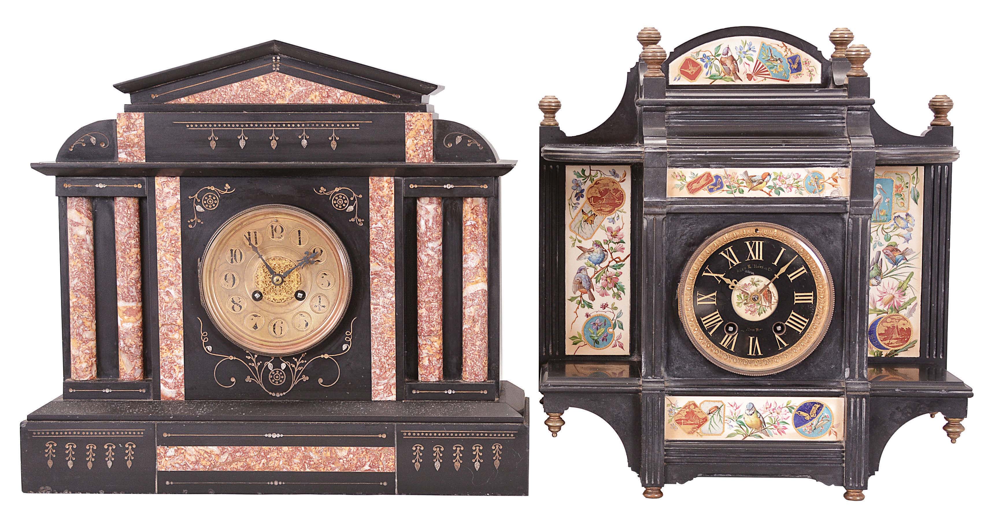 Clocks- 2 (Two) French Mantel: (1) S. Marti et Cie., Paris, mantel clock, 8 day, time and strike, spring-driven pendule de Paris movement with rack strike on a coil gong in a black slate architectural case with four half columns of variegated red marble flanking a gilt brass dial with Arabic numerals, the case topped with a matching marble pediment. (2) France for Alex M. Hayes Co., New York, mantel clock, 8 day, time and strike, spring-driven square French movement in a black slate case with flanking shelves and six polychrome tiles featuring birds and flowers, 4 inch black slate dial with Roman numerals and gold hands. — Antique Clocks Price Guide