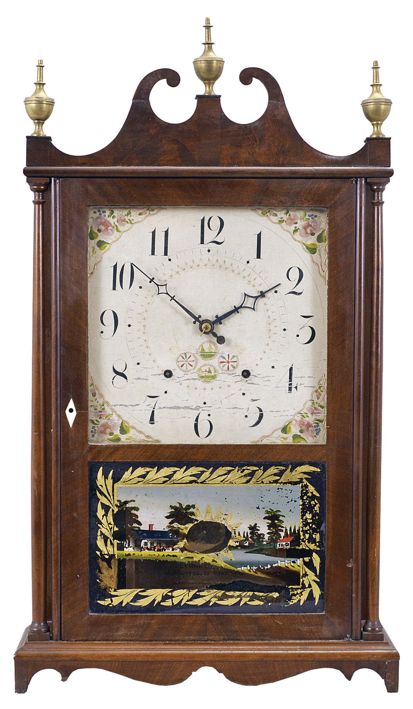 Seth Thomas Clock Co., Plymouth Hollow Hollow, Conn., 30 hour, time and strike, weight wood movement pillar &amp; scroll shelf clock. — Antique Clocks Price Guide