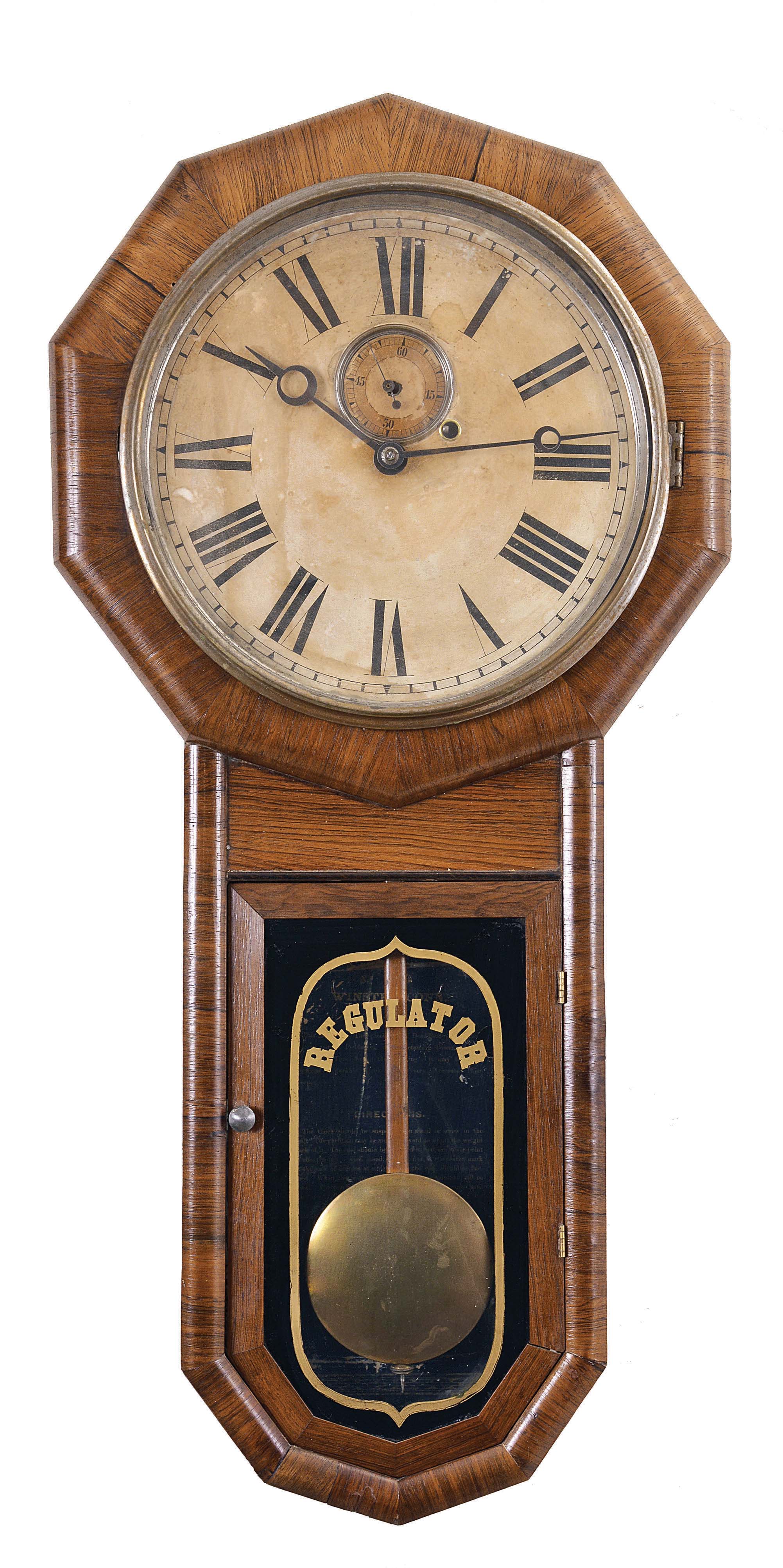William L. Gilbert Clock Co., Winsted, Conn., "Regulator No. 2", 8 day, weight brass movement wall clock. — Antique Clocks Price Guide