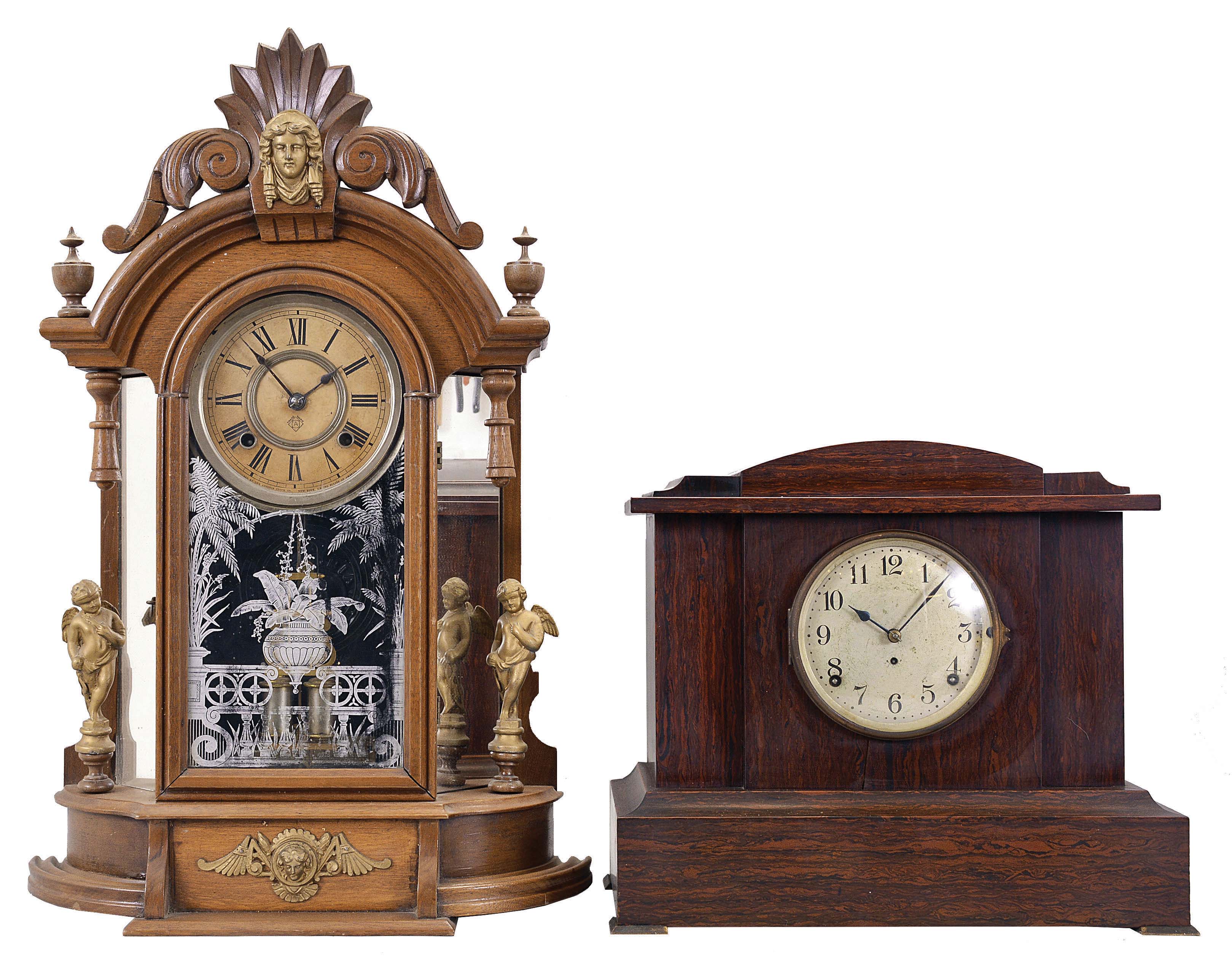 Clocks- 2 (Two) (1) Ansonia Clock Co., New York, "Triumph", 8 day, time and strike, spring brass movement black walnut mantel clock, c1880 (2) Seth Thomas Clock Co., Thomaston, Conn., "Chime Clock No. 1 Special", 8 day, time and spring brass movement Sonora chime mantel clock, c1915 — Antique Clocks Price Guide