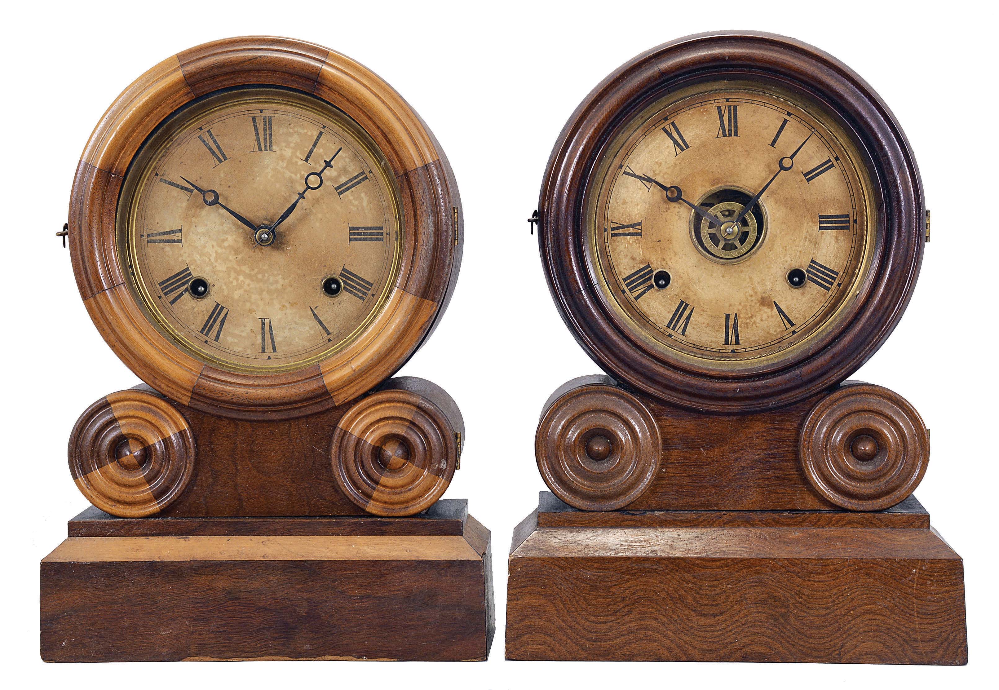 Clocks- 2 (Two) (1) E. Ingraham &amp; Co., Bristol, Conn., "Grecian Mosaic", 8 day, time and strike, spring brass movement shelf clock. (2) E. Ingraham &amp; Co., Bristol, Conn., "Grecian", 8 day, time, strike and alarm spring brass movement shelf clock. — Antique Clocks Price Guide