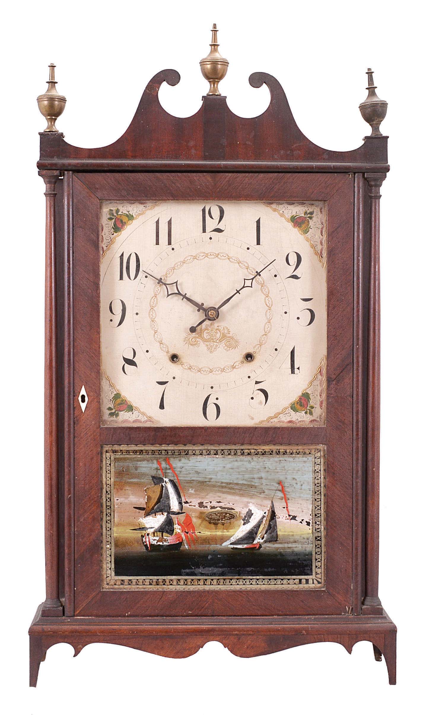 Seth Thomas Clock Co., Plymouth Hollow, Conn., 30 hour, time and strike, weight wood movement pillar &amp; scroll shelf clock. — Antique Clocks Price Guide