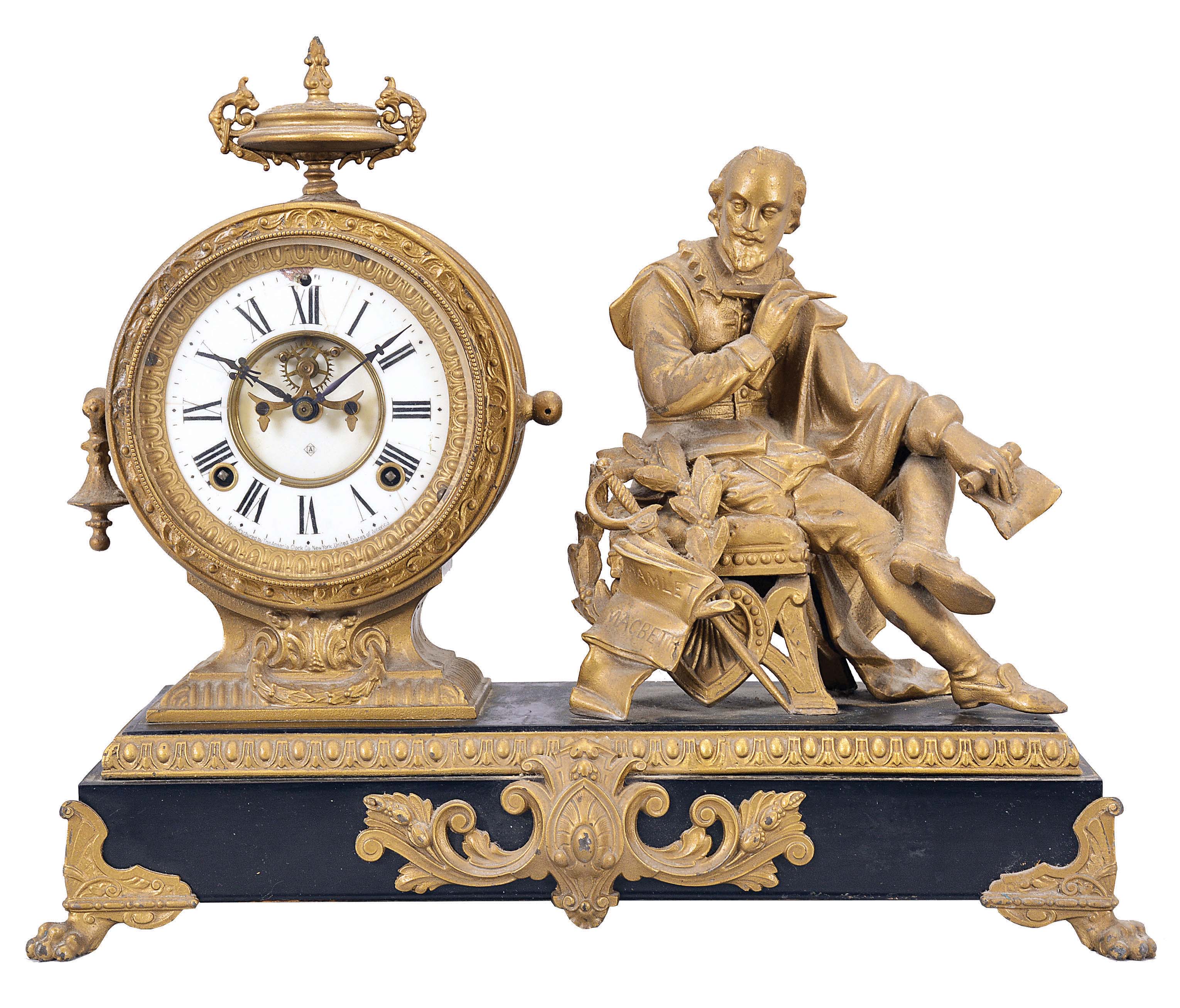 Ansonia Clock Co., New York, "Shakespeare" statue mantel clock with an 8 day spring driven time and strike movement with visible escapement in an enameled iron base with a bronzed spelter statue. — Antique Clocks Price Guide