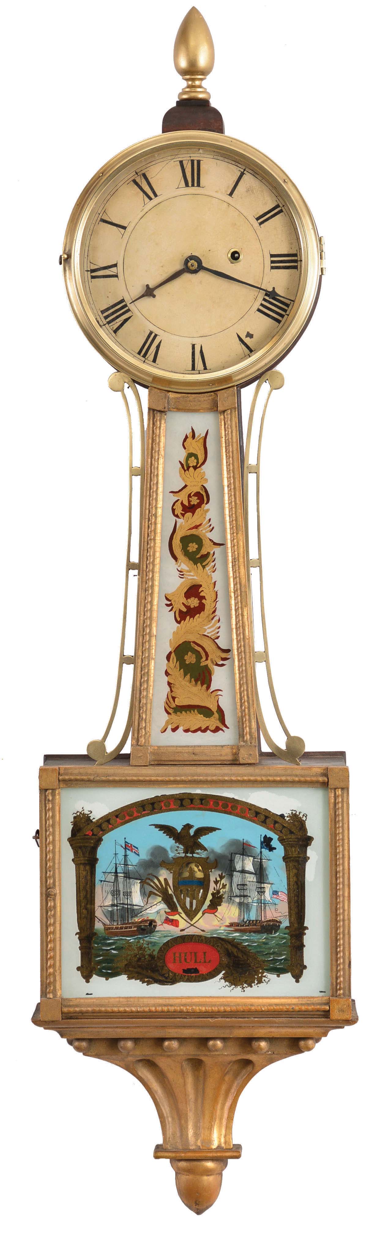 New Hampshire or Maine, 8 day, weight driven brass movement gilt patent or banjo timepiece — Antique Clocks Price Guide