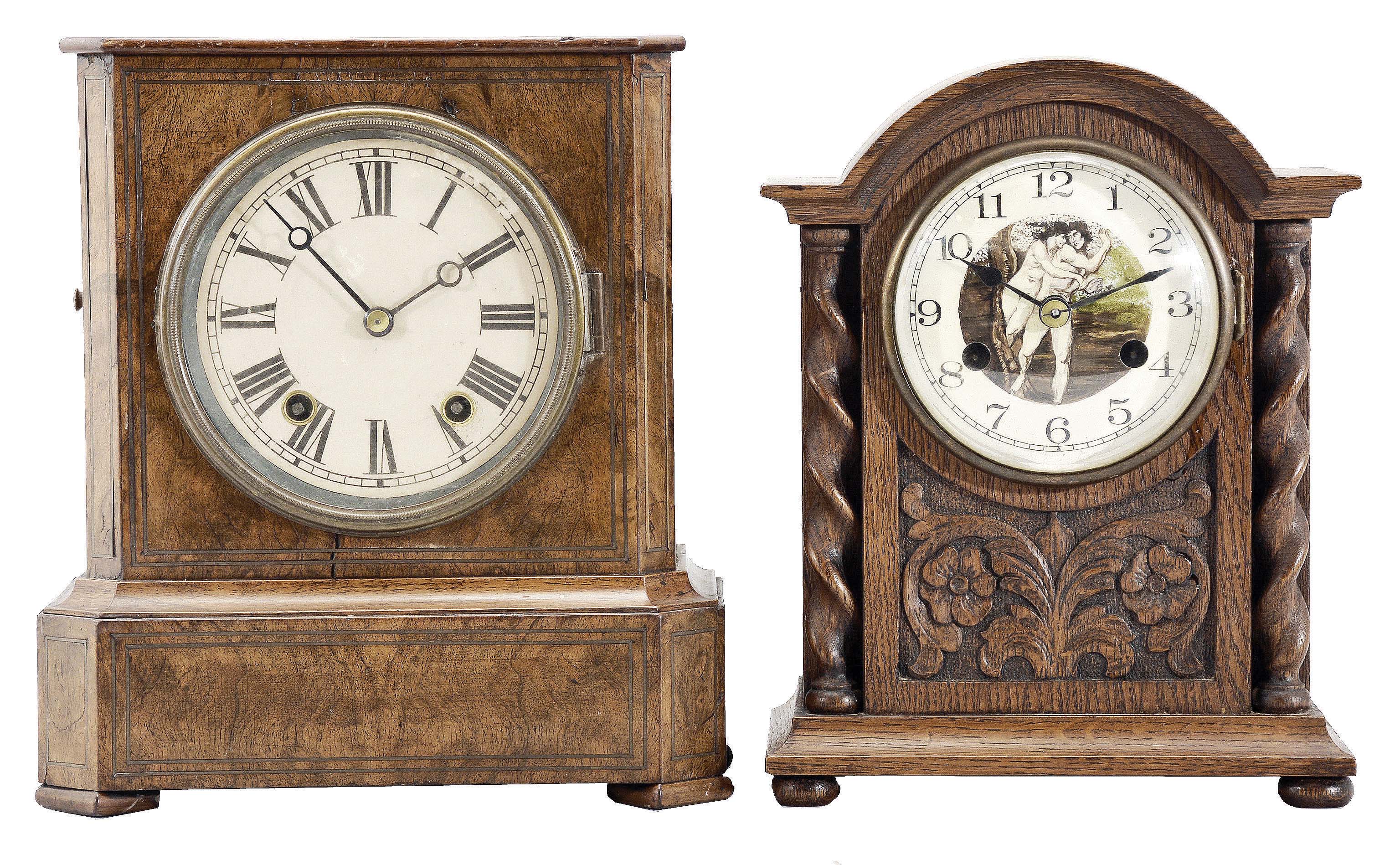 Clocks- 2 (Two) German Mantel: (1) Germany, mantel clock, 8 day, time and gong strike, spring-driven movement in a figured walnut case with chamfered corners on a base with cavetto molding, the front faces with brass string inlay, 5 inch dial with Roman numerals, Breguet style steel hands, c1870. (2) Kienzle, Schwenningen, Germany, mantel clock, 8 day, time and gong strike, spring-driven movement in an oak case with bun feet, supporting a cavetto molded base, full twist pillars flanking a carved floral design, topped by a broken arch, 5 inch painted metal dial depicting the Greek myth of Demophon and Phyllis as conceived by Edward Burne-Jones in his painting from 1882 titled "The Tree of Forgiveness", c1925. — Antique Clocks Price Guide