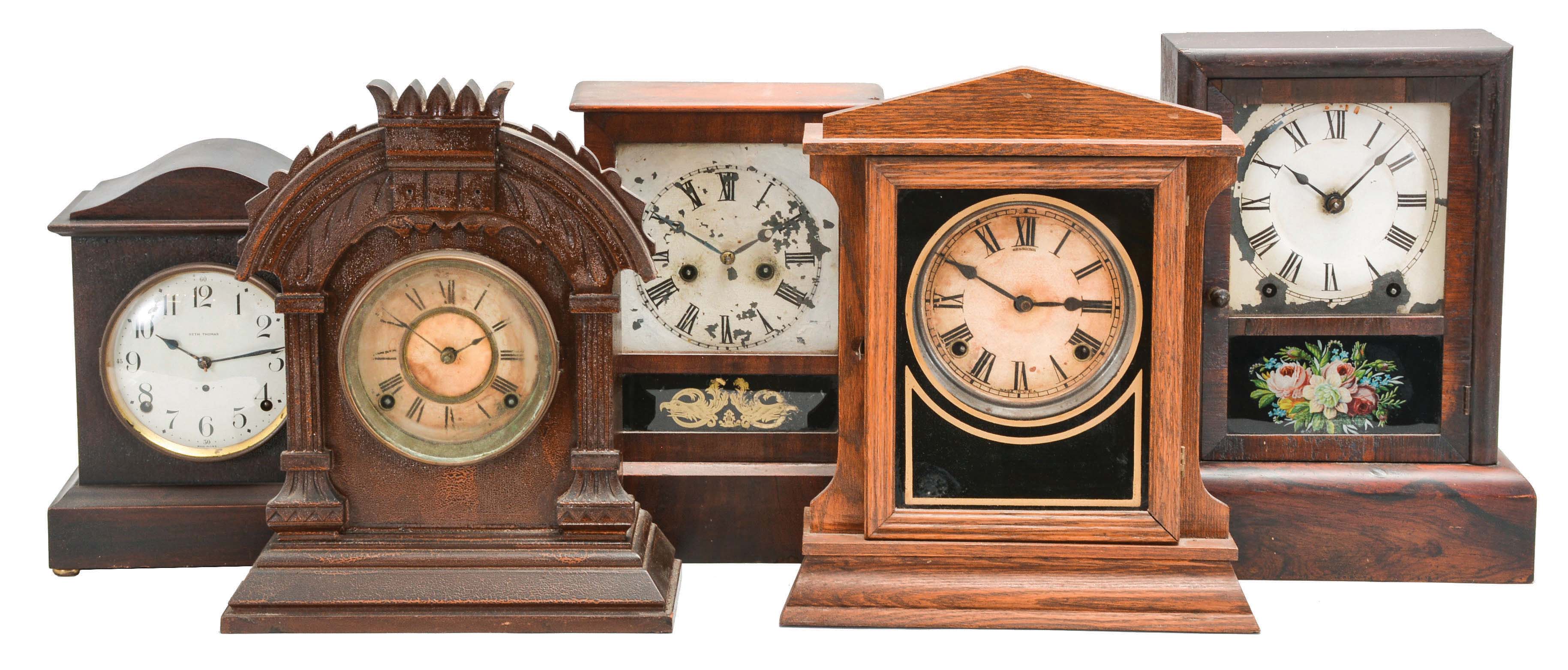 Clocks- 5 (Five) Connecticut Time &amp; Strike Mantel: (1) Seth Thomas "Dana No. 3" time and strike mantel clock, c1913. (2) Ansonia "Tunis" cabinet clock, time and strike, c1894. (3) Seth Thomas "Cottage" mantel clock, 8 day, time and strike, c1909. (4) Sessions "Gable No. 1", 8 day, time and strike, c1932. (5) E.N. Welch "Cottage No.1", 30 hour, time and strike, c1880. — Antique Clocks Price Guide