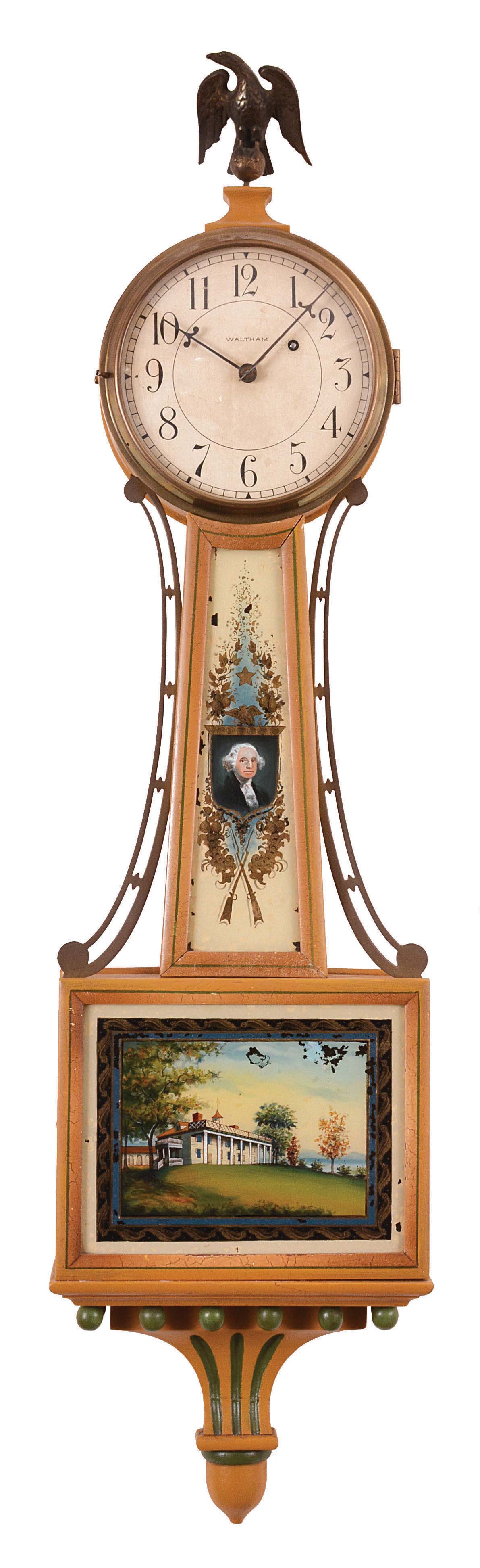 Waltham Clock Co., Waltham, Mass., 8 day, weight brass movement patent or banjo timepiece. — Antique Clocks Price Guide