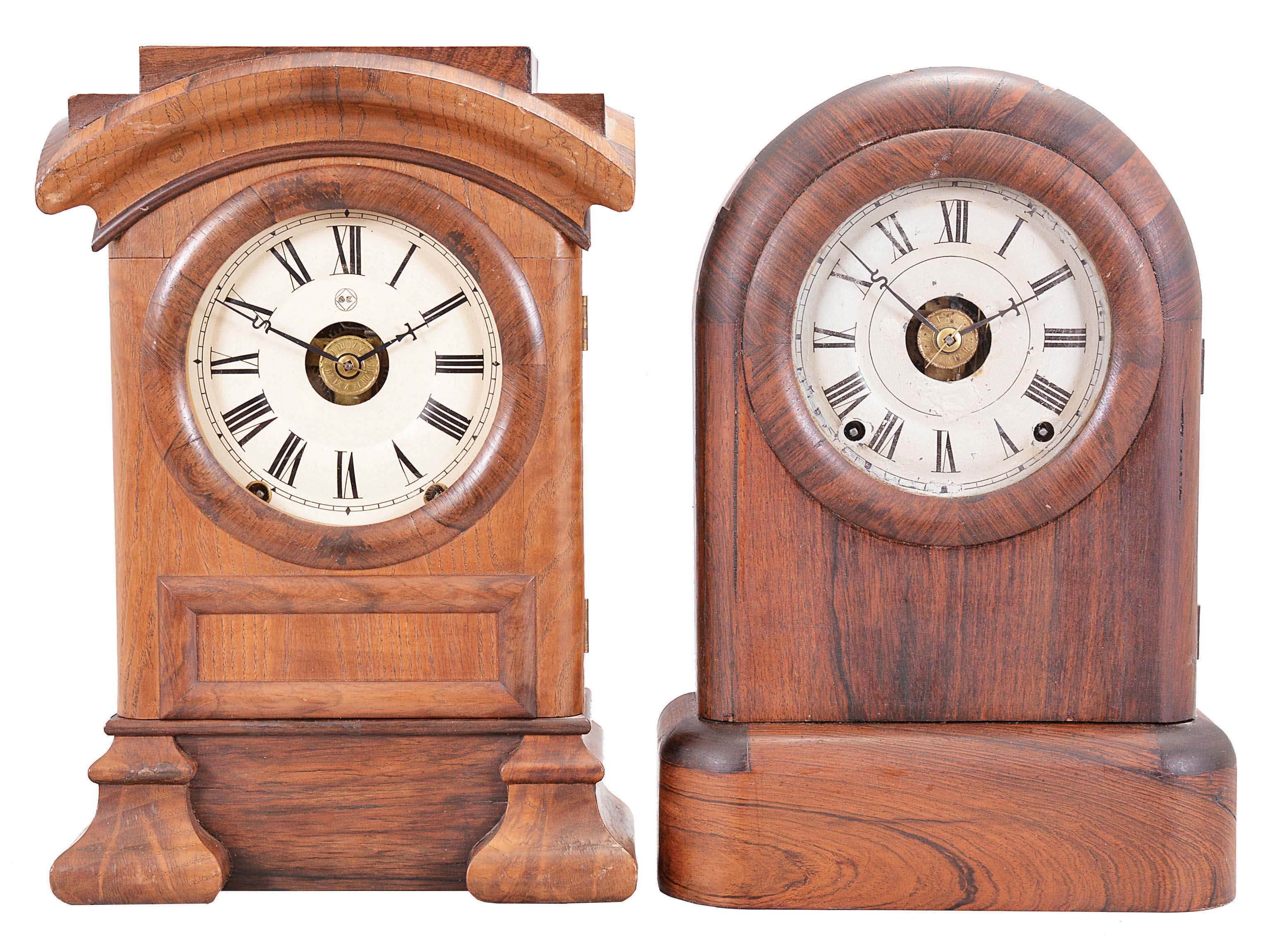 Clocks- 2 (Two): (1) Seth Thomas Clock Co., Thomaston, Conn., "Tudor No. 1" shelf clock with a spring driven, 8 day, time, strike and alarm movement (Lyre) in a rosewood veneered case, c1875. (2) Seth Thomas Clock Co., Thomaston, Conn., "Arch Top" shelf clock with a spring driven, 8 day, time, strike and alarm movement in an oak and ash case, c1880. — Antique Clocks Price Guide