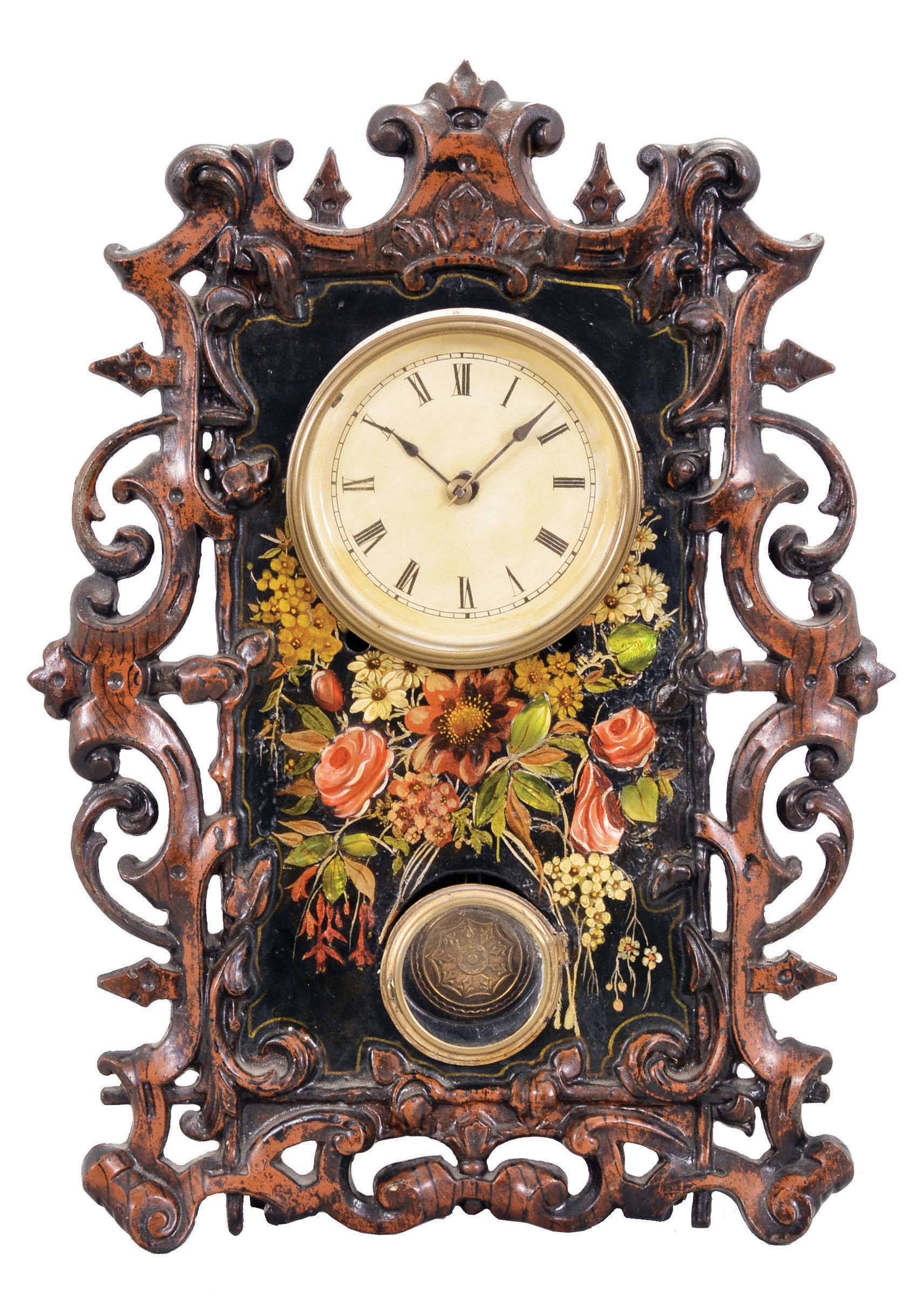 A. Caswell, New York, New York, 8 day, time and strike, spring brass movement iron front with MOP shelf clock. Mr. Caswell was an agent for the Harlem Clock Manufactory of New York. — Antique Clocks Price Guide