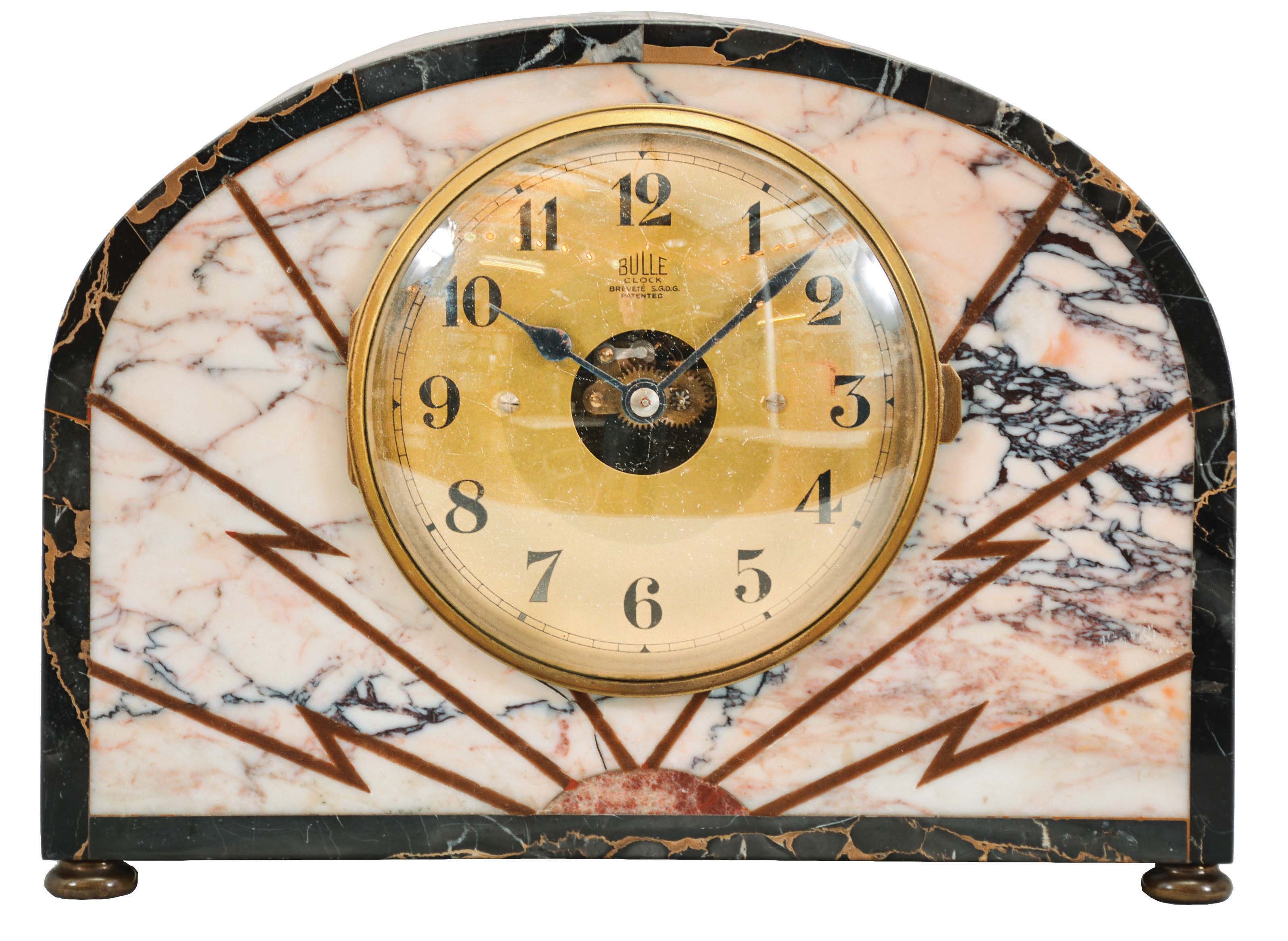 Bulle Clock, France, electro-mechanical mantel clock, time only, battery-powered movement in a variegated pink marble case with black marble border and bold lightning bold pattern, 5 inch brass dial with Arabic numerals and blued steel hands. — Antique Clocks Price Guide