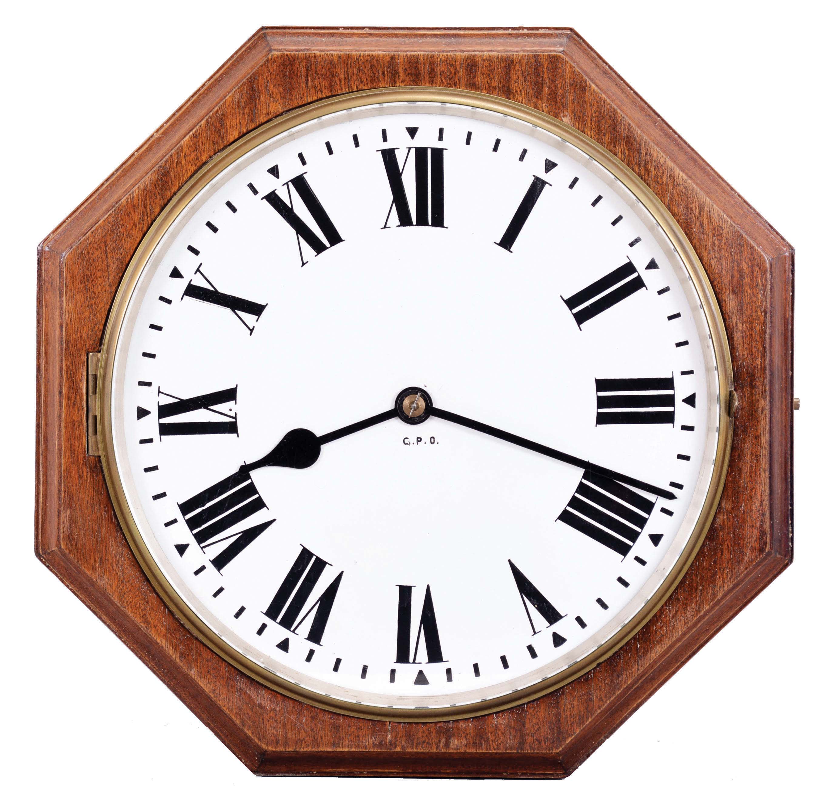 England, double-sided postal clock, 8 day, time only, spring driven fusee movement in an octagonal mahogany case with ogee molded edge, two 12 inch painted white metal dials under glass on opposite sides, both with Roman numerals and the letters "G.P.O." (General Post Office) below the center arbor, spade steel hands. — Antique Clocks Price Guide