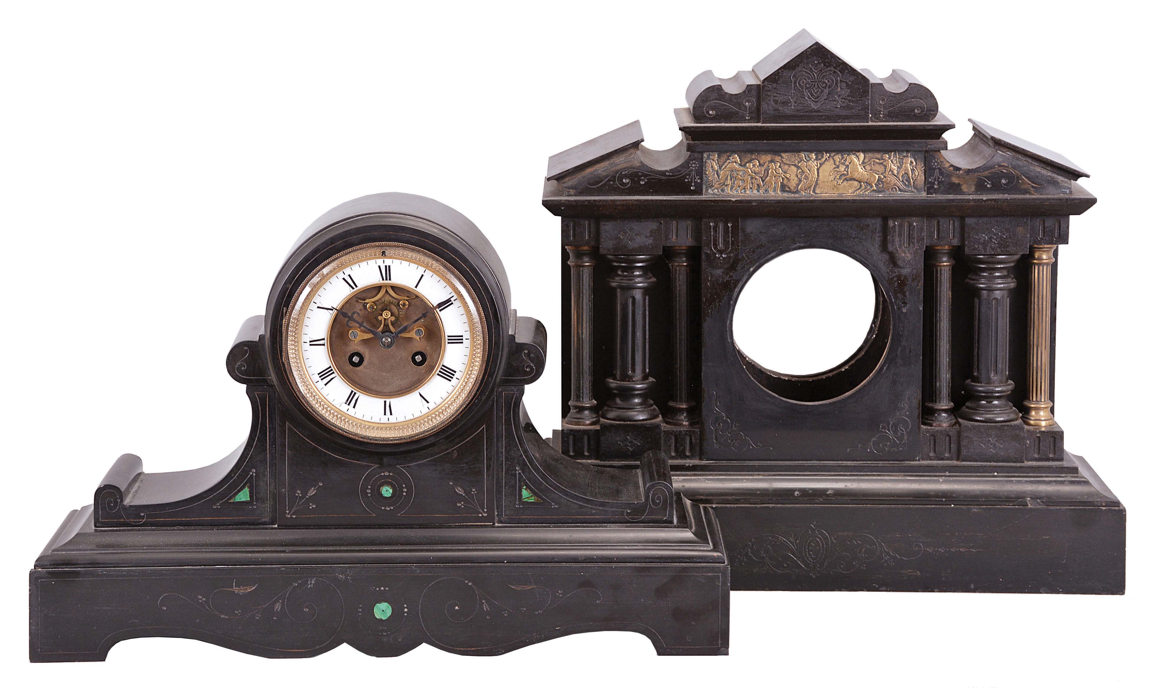 Clocks- 2 (Two) French Black Mantel: (1) H.P. &amp; Co., Paris, black mantel clock, 8 day, time and bell strike, spring driven pendule de Paris movement with exposed Brocot escapement in a black slate tambour-form case with incised floral patterns and green malachite accents, white enamel dial ring with Roman numerals, and black Roman style steel hands, c1900. (2) France, clock case only, black slate architectural case with stepped, molded base, two sets of three fluted columns flanking the central opening for the dial, pediment with incised designs and low relief frieze depicting Alexander the Great making his triumphal return to Babylon, c1890. — Antique Clocks Price Guide
