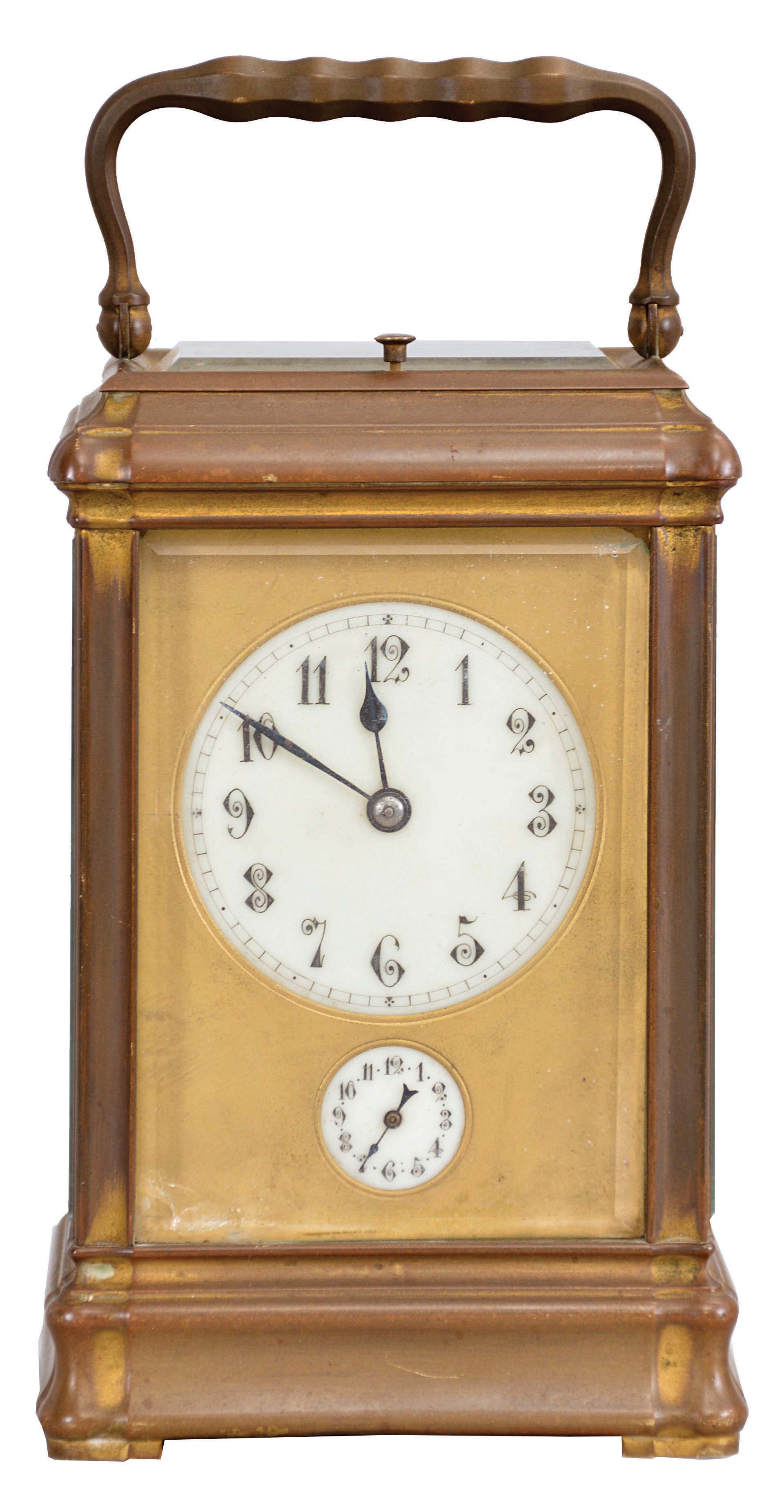 France, a Gorge cased, grand sonnerie striking carriage clock with alarm, gilt case with folding handle and beveled glasses, Arabic numeral white enamel dial with gilt mask, blued steel spade and poker hands, three train movement striking grand or petit sonnerie in passing, and repeating the last hour and quarter on demand — Antique Clocks Price Guide