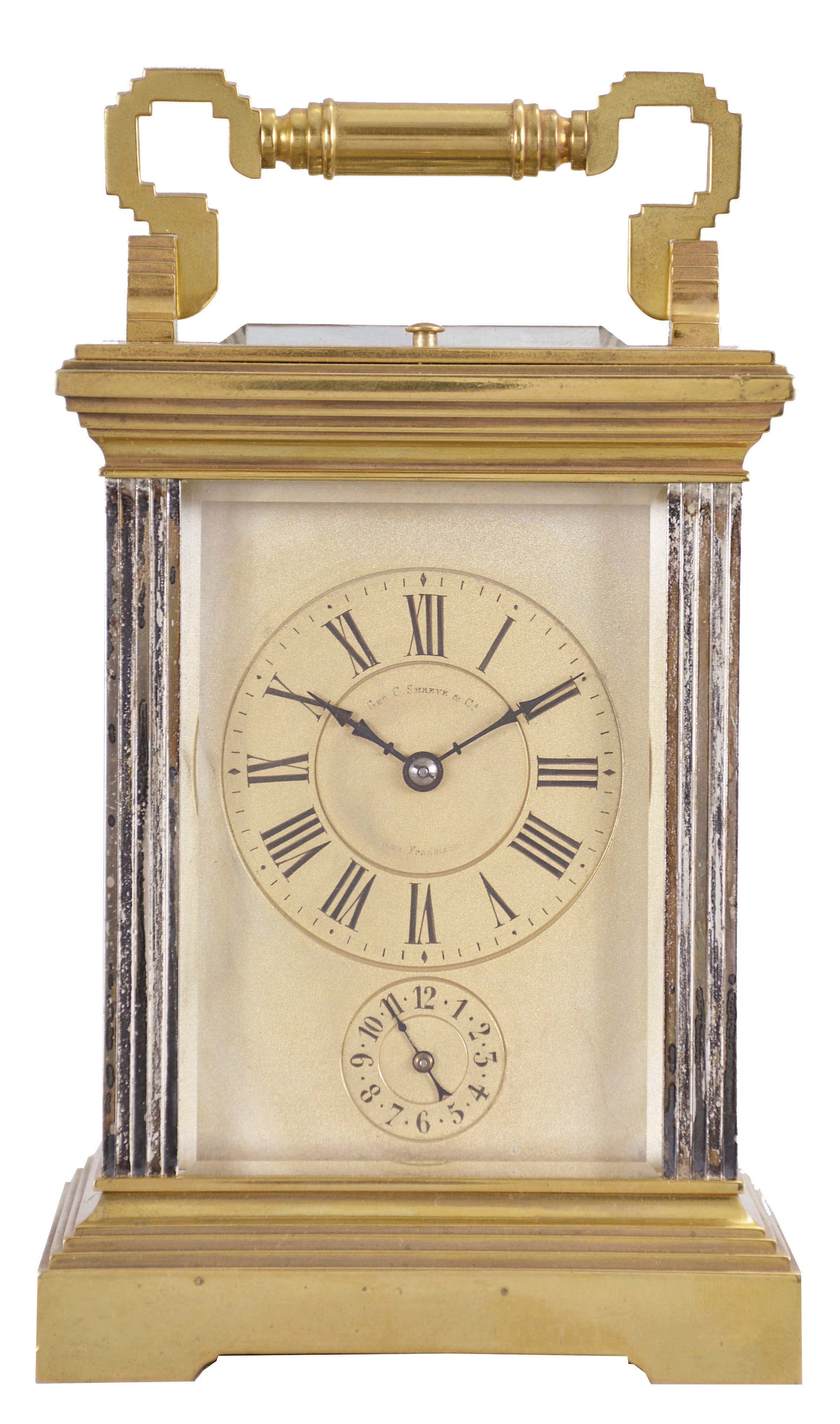 France, for George C. Shreve &amp; Co., San Francisco, a gilt and silvered, hour repeating carriage clock, the architectural case with stepped, molded base and cornice, five beveled glasses, roman numeral gilt dial with Arabic alarm chapter, blued steel distaff hands, 8 day, three train movement with lever platform, striking the hour and half hour in passing, and repeating the last hour on demand — Antique Clocks Price Guide