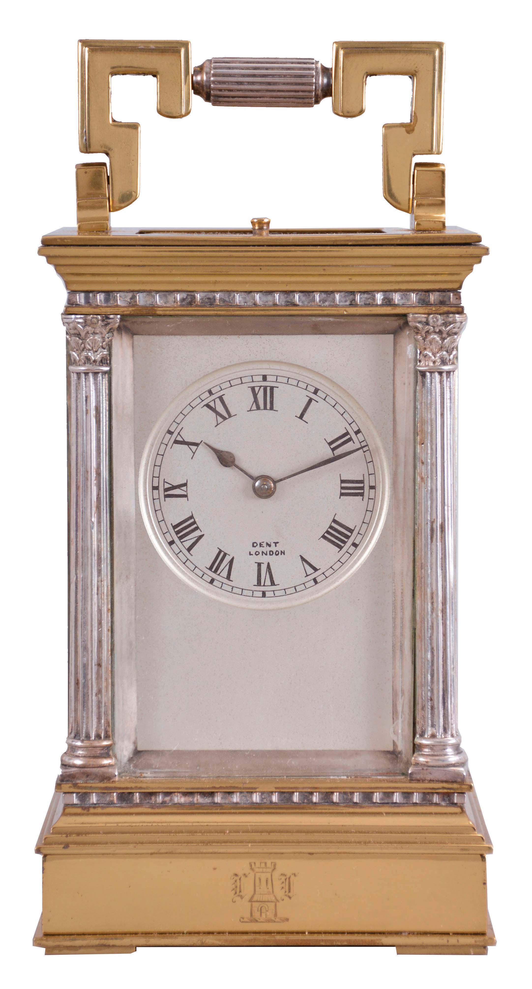 France, a gilt and silvered, Anglaise Riche cased hour repeating carriage clock, the architectural case with stepped, molded base and cornice, the corners with Corinthian columns, solid back with shutter for winding and setting apertures, and top with carrying handle, roman numeral silvered dial signed "Dent London", blued steel spade and poker hands, 8 day, two train movement with lever platform, striking the hours and half hour in passing, and repeating the last hour on demand — Antique Clocks Price Guide
