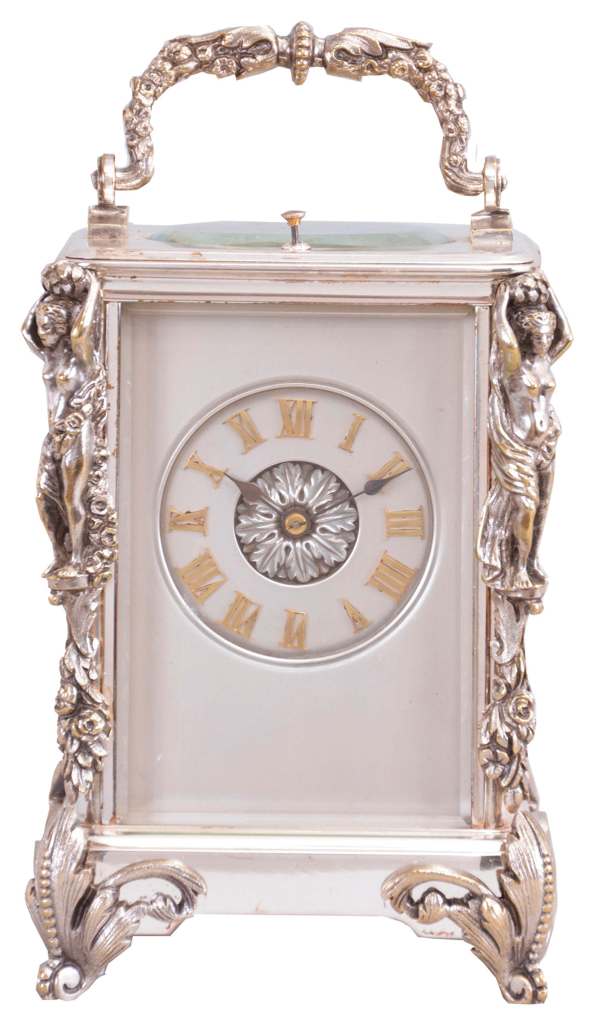 France, a silvered, Caryatides cased hour repeating carriage clock, the case with foliate ornamented scroll feet, the corners with floral drops supporting female figures, and handle with floral and foliate ornament, roman numeral silvered dial, blued steel spade hands, 8 day, two train movement with lever platform, striking the hours and half hour in passing, and repeating the last hour on demand — Antique Clocks Price Guide